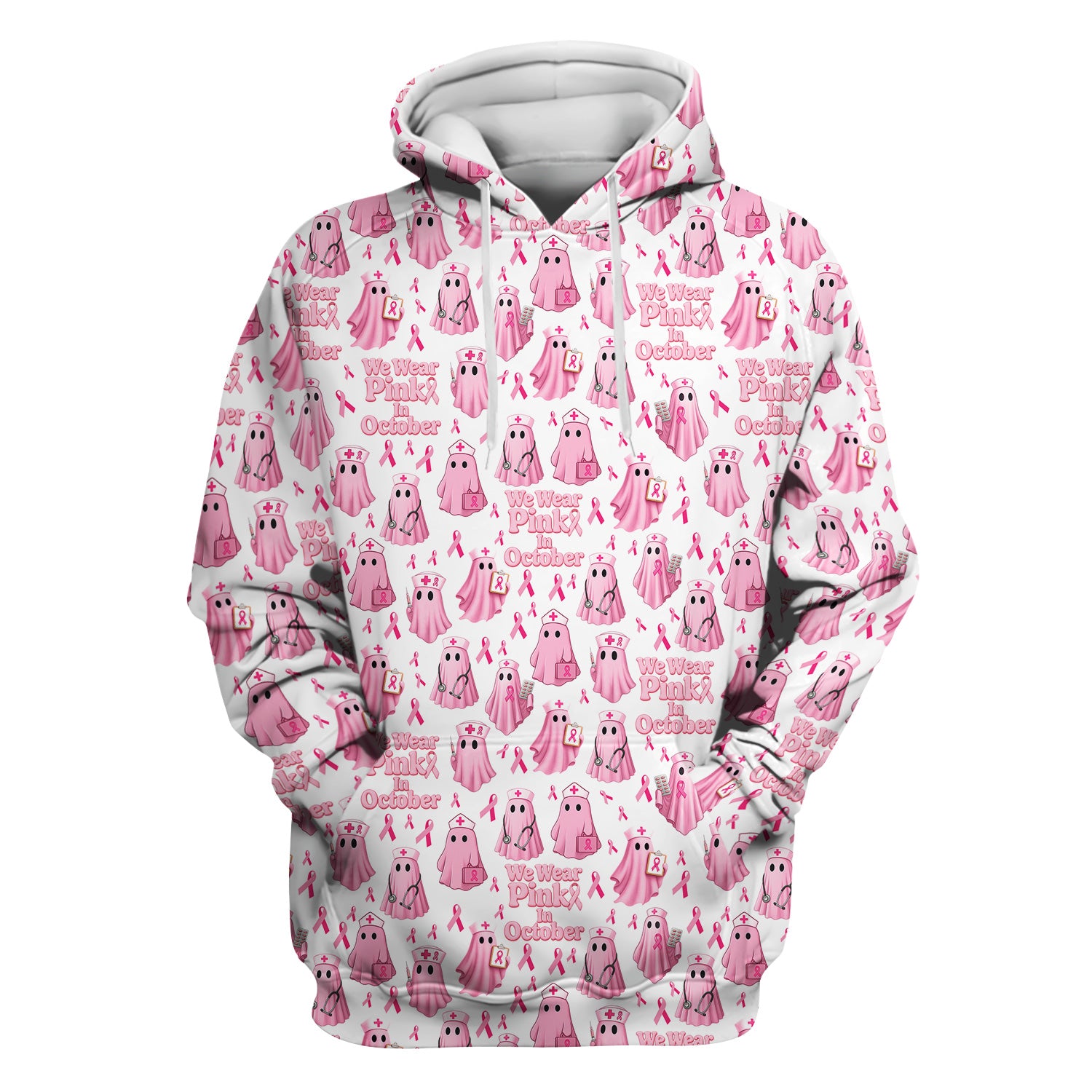 Funny Breast Cancer Awareness Scrub Top - We Wear Pink In October & Ghost Nurse Design - Gift for RN LPN CNA