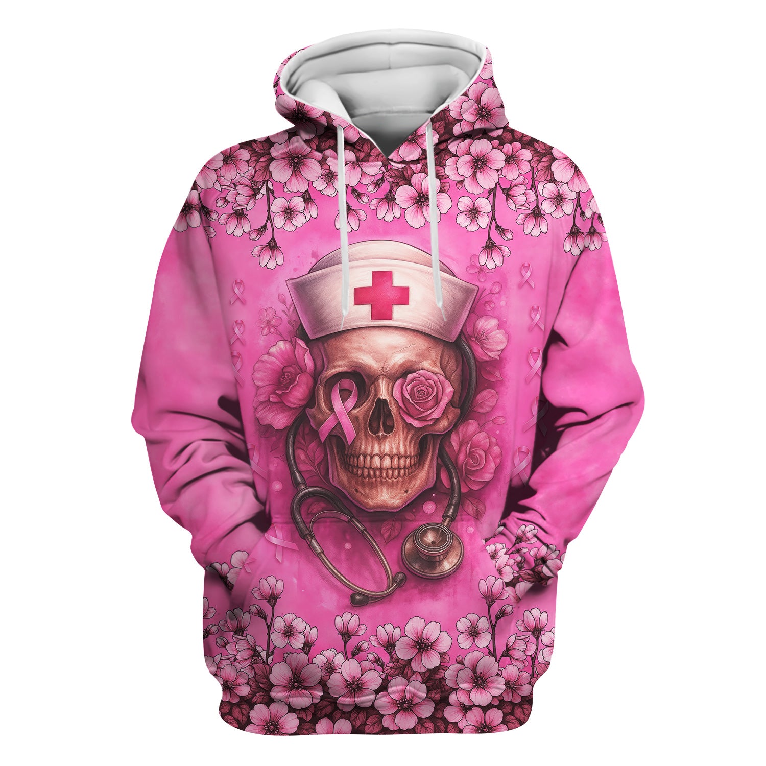 Nurse Sugar Skull Scrub Top - Floral Breast Cancer Awareness Medical Uniform - Pink Ribbon Shirt for Women - Gift for RN LPN CNA