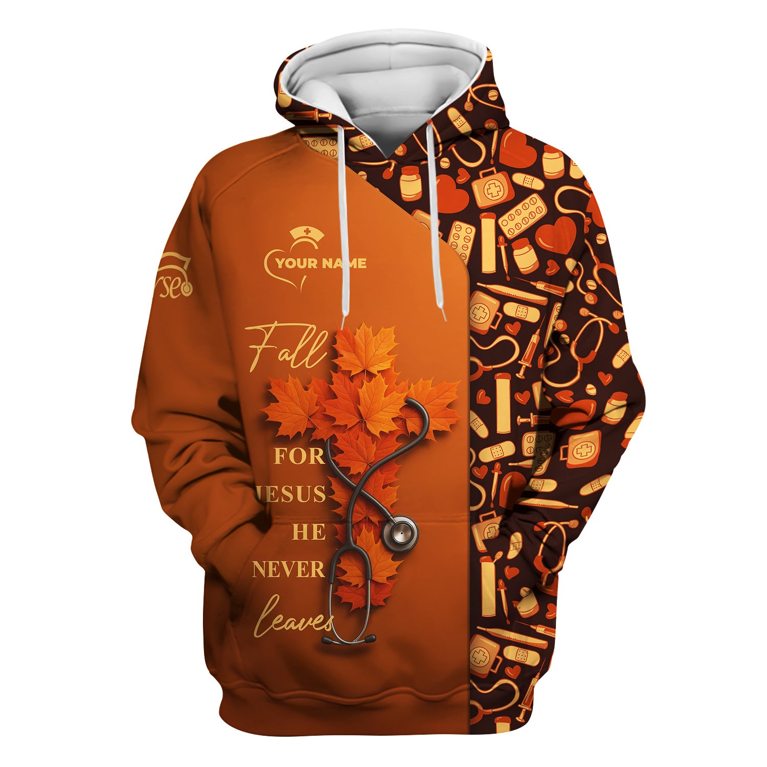 Custom Christian Nurse Scrub Top - Fall For Jesus He Never Leaves - Gift for RN LPN CNA Healthcare Workers