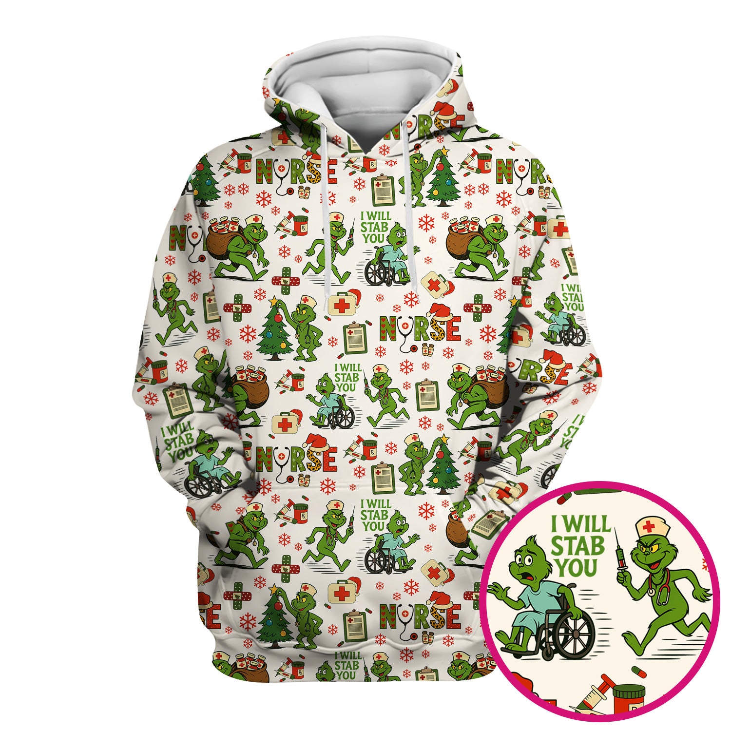 Funny Grinch Nurse Scrub Top for Women - Christmas Scrub Shirt with I Will Stab You Quote - Cute Holiday Nursing Work Shirt with Pockets