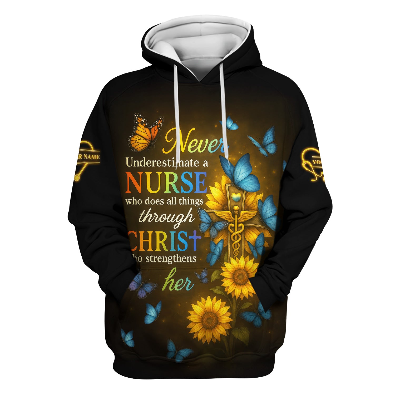Custom Faith Nurse Sunflower Shirt - All Things Through Christ & Butterfly Cross Graphic - Gift for Women RN LPN & Medical Students