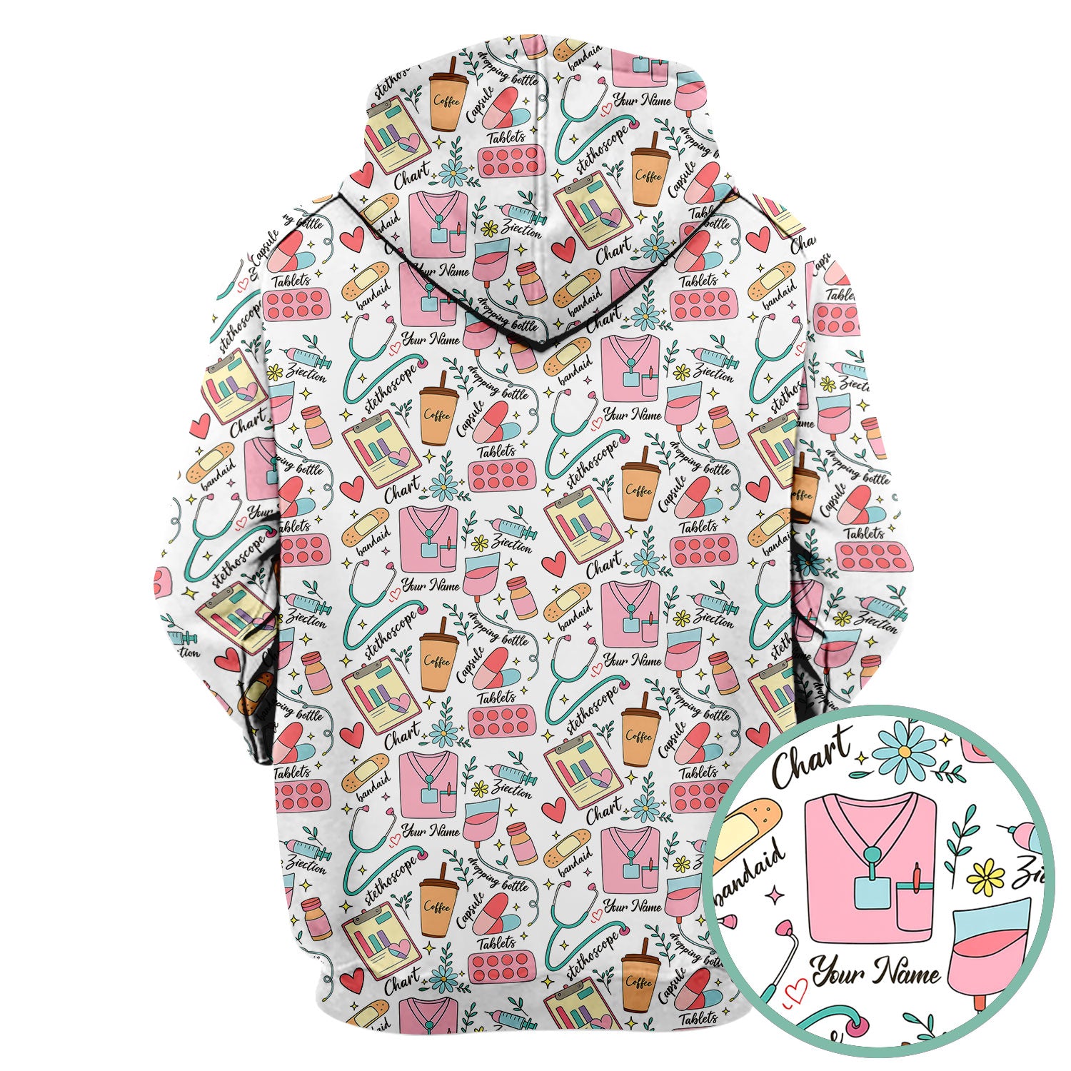 Cute Nurse Scrub - Colorful Medical Uniform Shirt with Coffee, Stethoscope & Pills - Fun RN LPN CNA Nursing Gift for Women