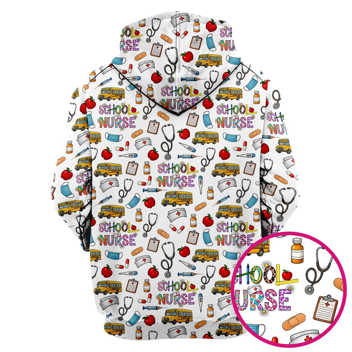 Cute School Nurse Scrub Top - Funny School Bus & Stethoscope Pattern Design - Gift for Women RN LPN