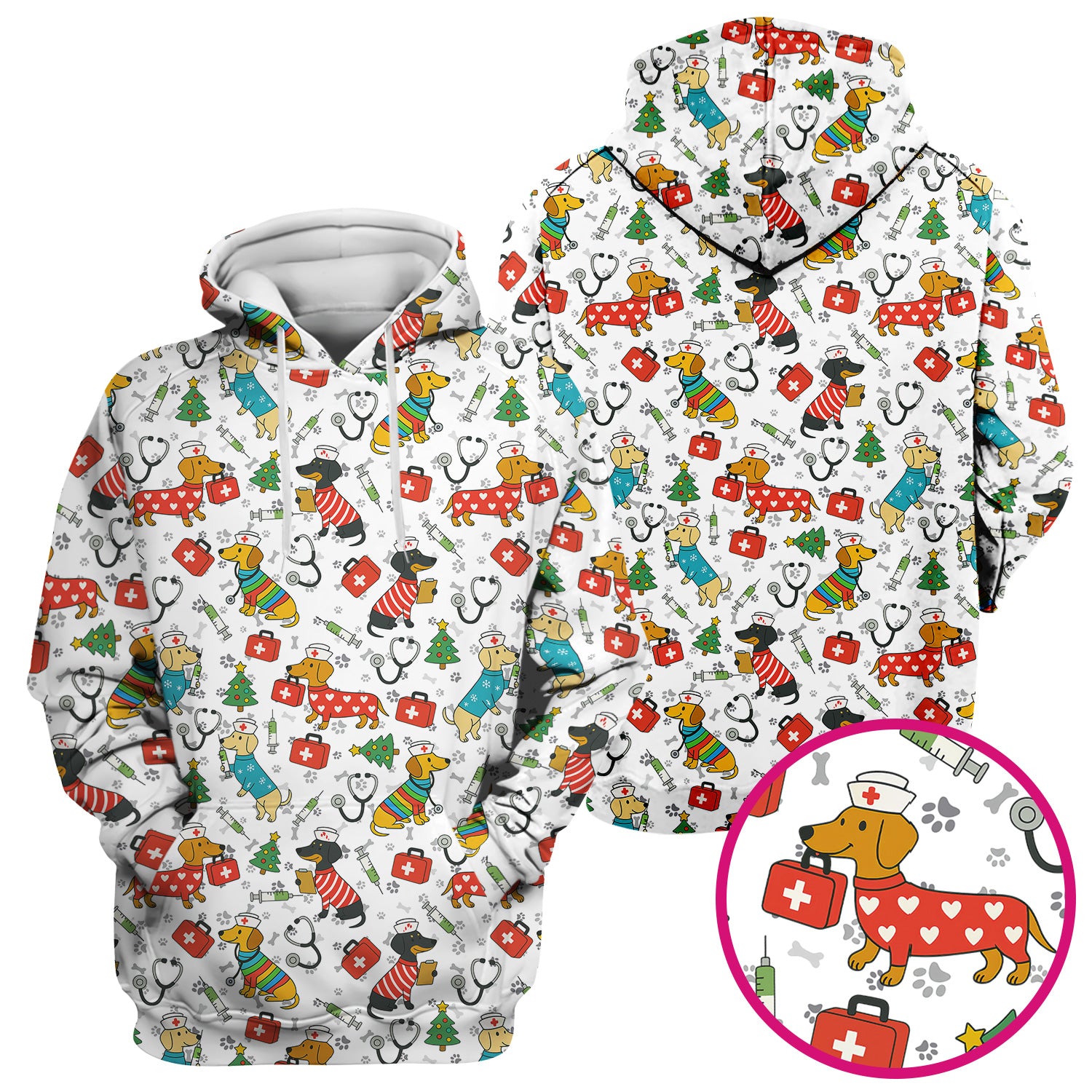 Funny Dachshund Scrub Shirt - Christmas Dog Print Scrubs Multi Color - Holiday Nurse Scrub Top Gift for Women, Men, CNA, RN, Medical Staff