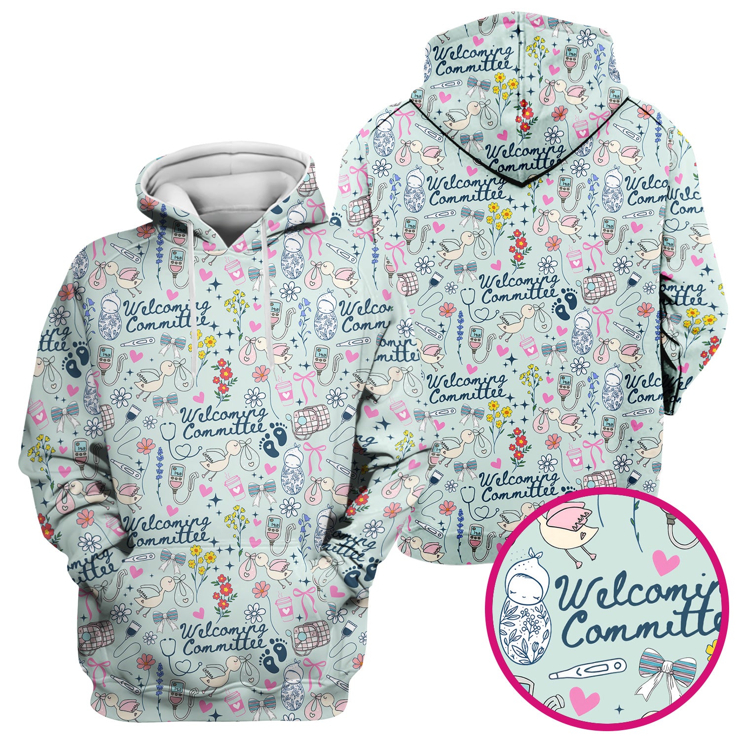 Funny NICU Nurse Tee - Cute Baby Feet & Floral Stork Pattern Graphic - Gift for Women RN LPN