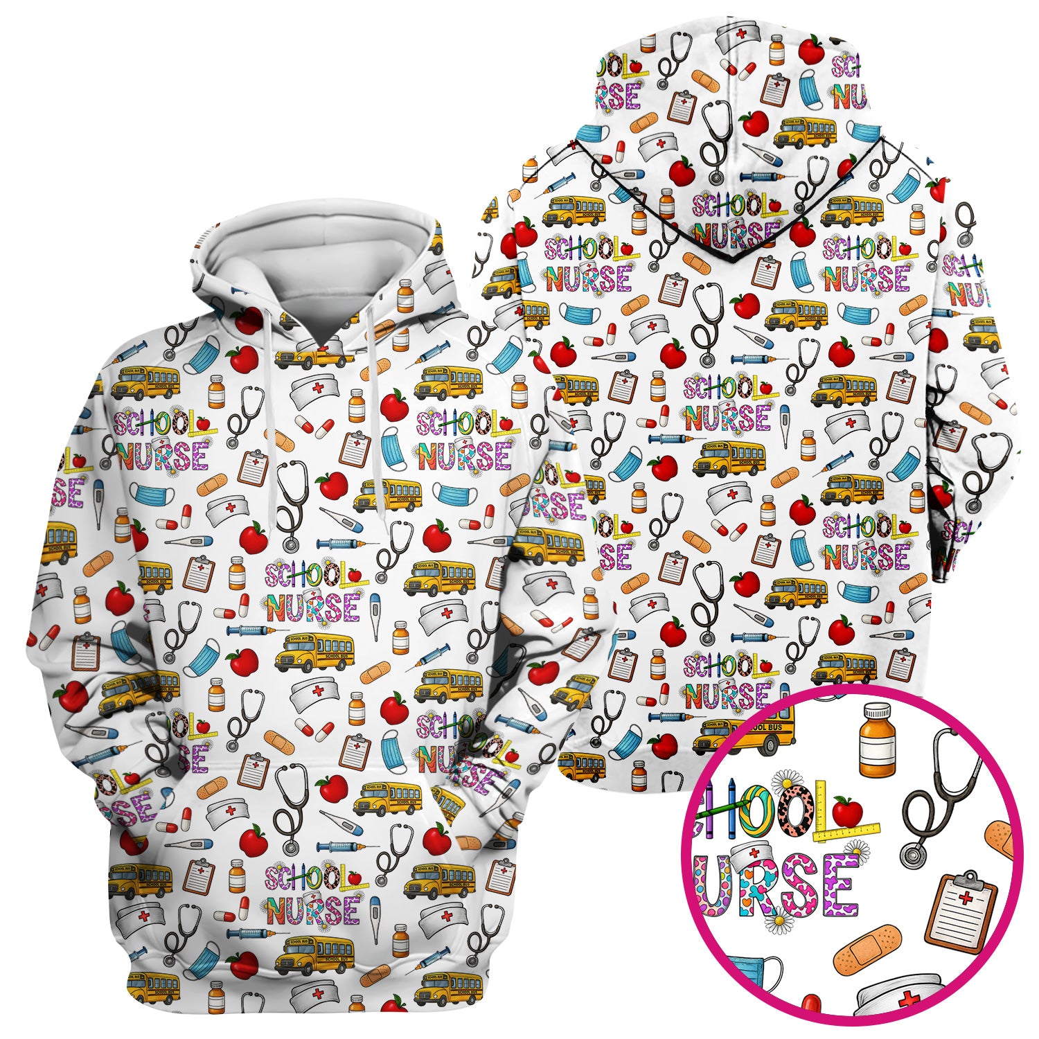 Cute School Nurse Scrub Top - Funny School Bus & Stethoscope Pattern Design - Gift for Women RN LPN