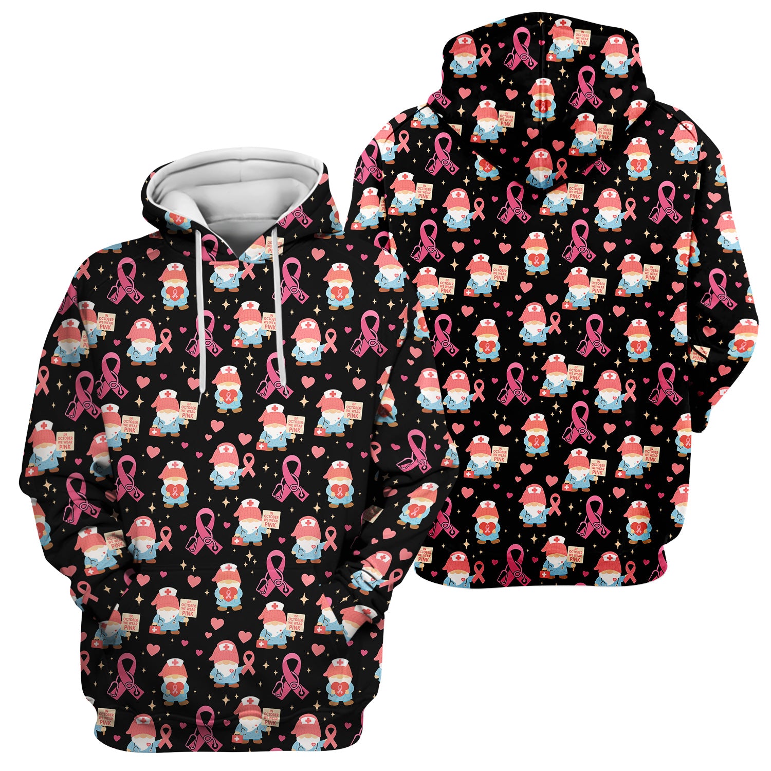 Breast Cancer Awareness Nurse Scrub - Pink Ribbon Nursing Top with Gnome - Gift for Healthcare Workers RN LPN