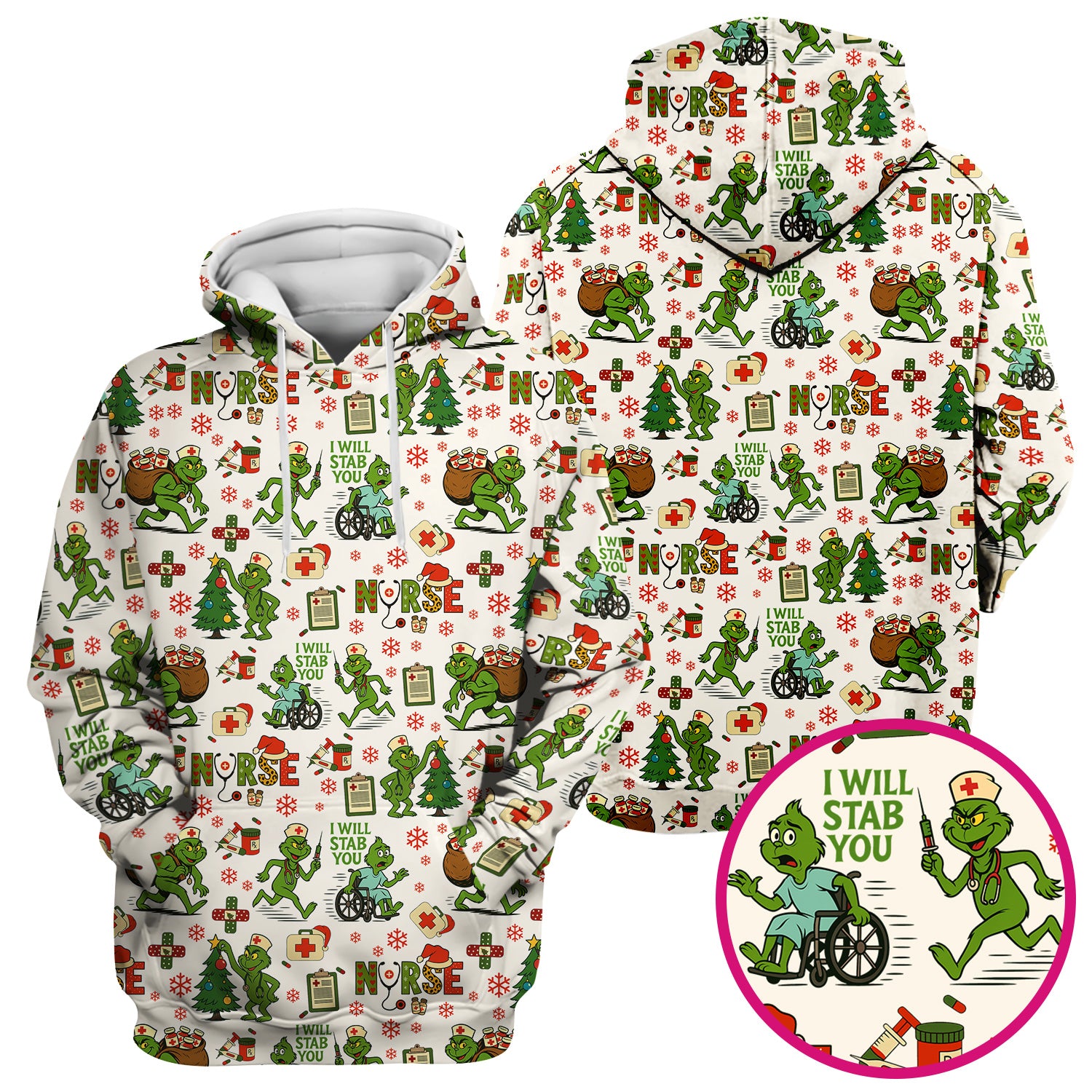 Funny Grinch Nurse Scrub Top for Women - Christmas Scrub Shirt with I Will Stab You Quote - Cute Holiday Nursing Work Shirt with Pockets