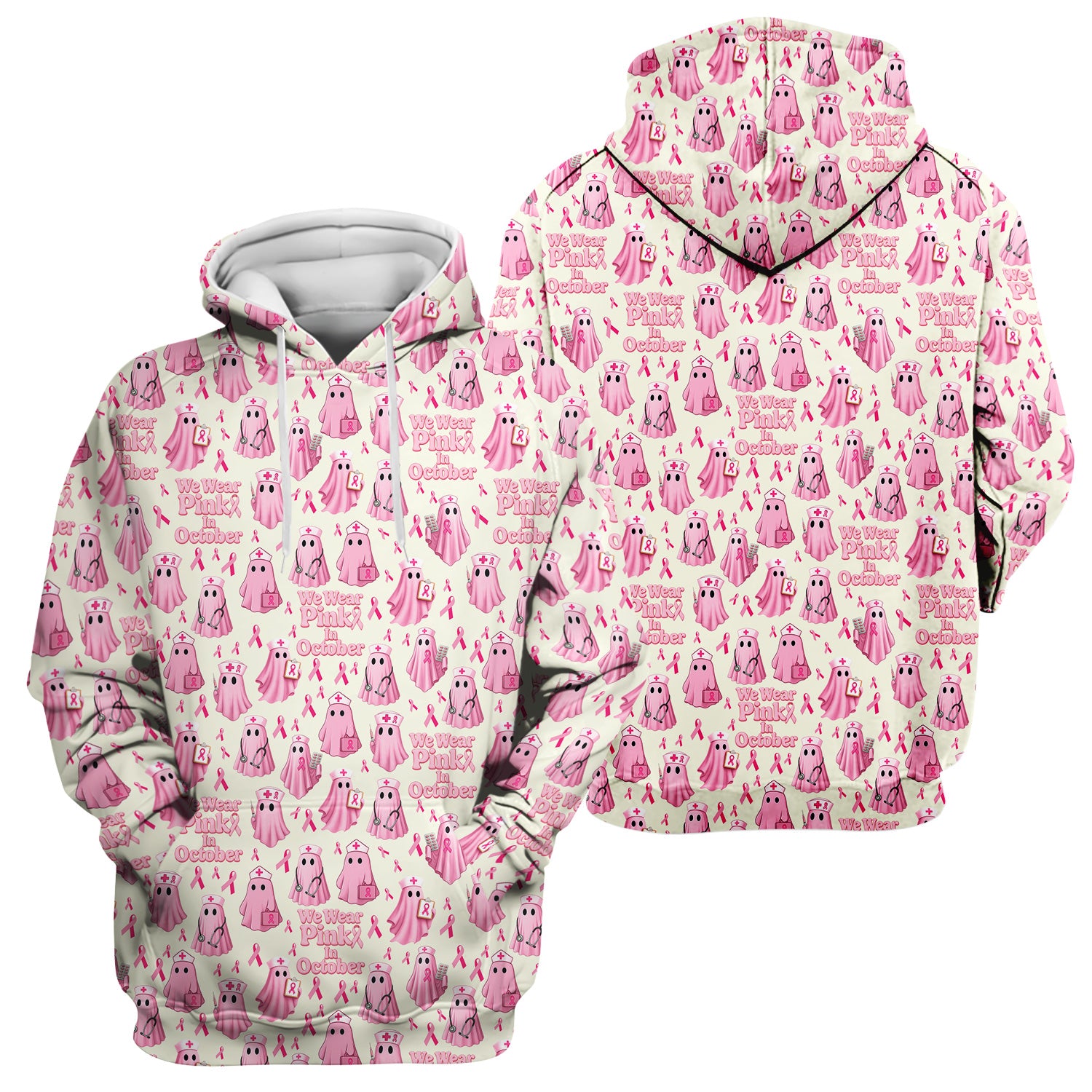 Halloween Breast Cancer Awareness Scrub - We Wear Pink In October & Ghost Nurse Design - October Gift for RN LPN CNA