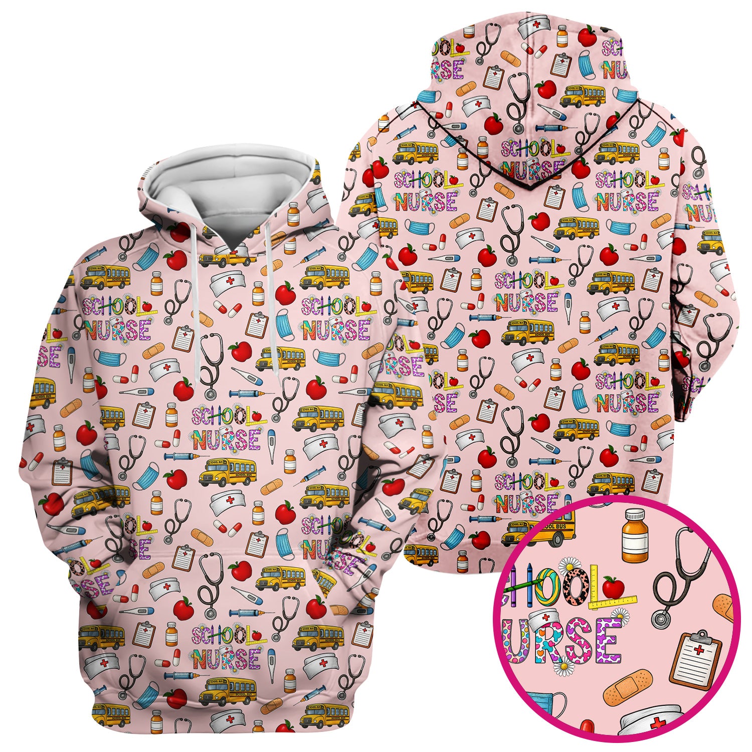 Cute School Nurse Scrub Top - Funny School Bus & Stethoscope Pattern Design - Gift for Women RN LPN