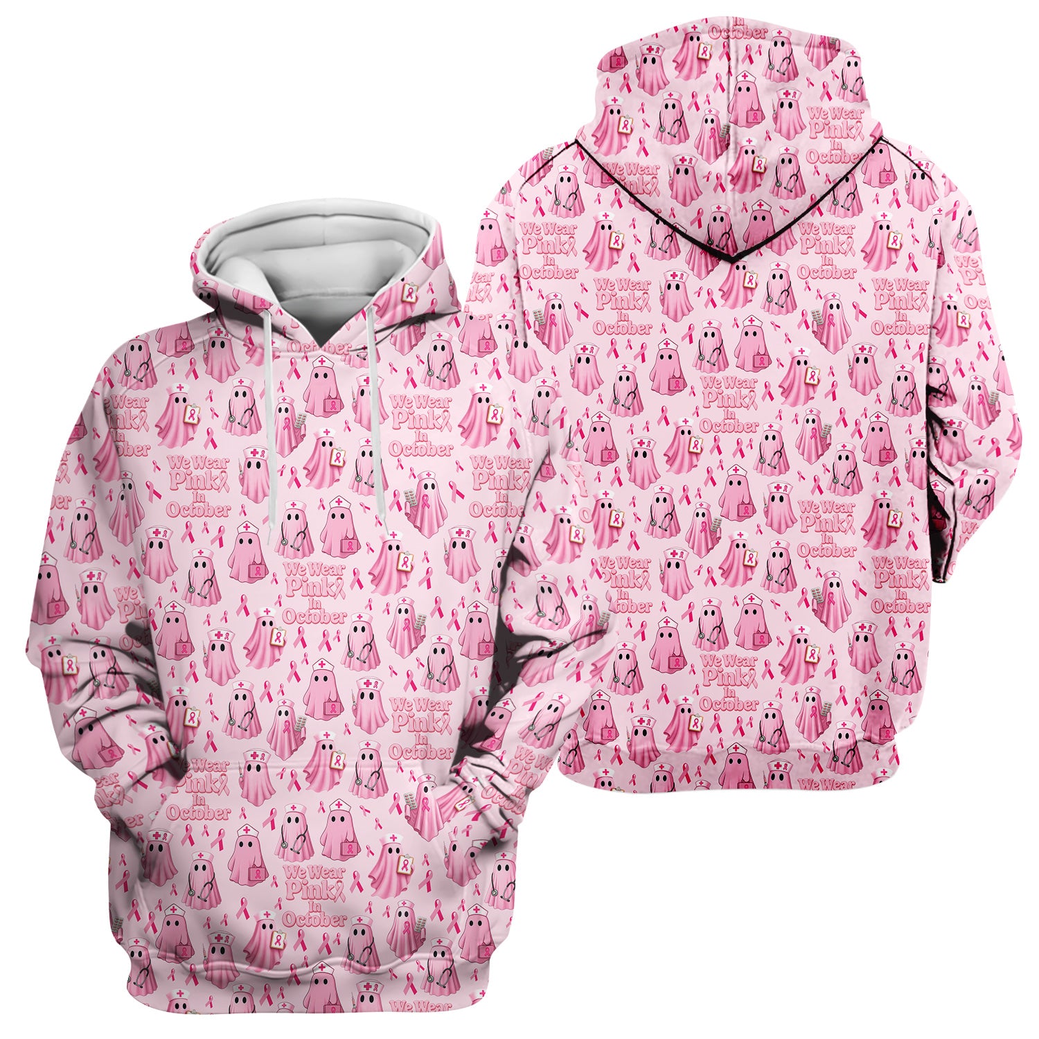 Funny Breast Cancer Awareness Scrub Top - We Wear Pink In October & Ghost Nurse Design - Gift for RN LPN CNA