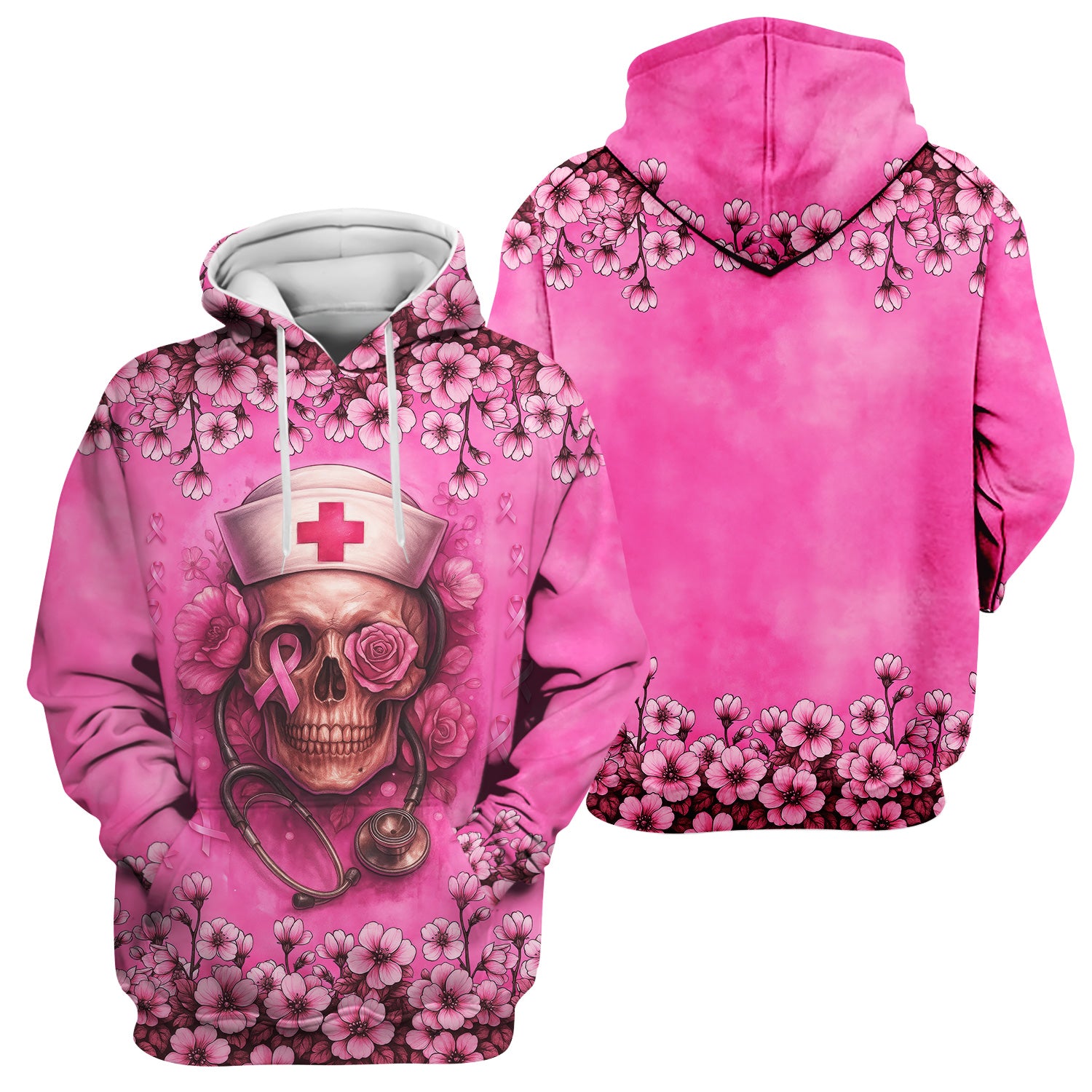 Nurse Sugar Skull Scrub Top - Floral Breast Cancer Awareness Medical Uniform - Pink Ribbon Shirt for Women - Gift for RN LPN CNA