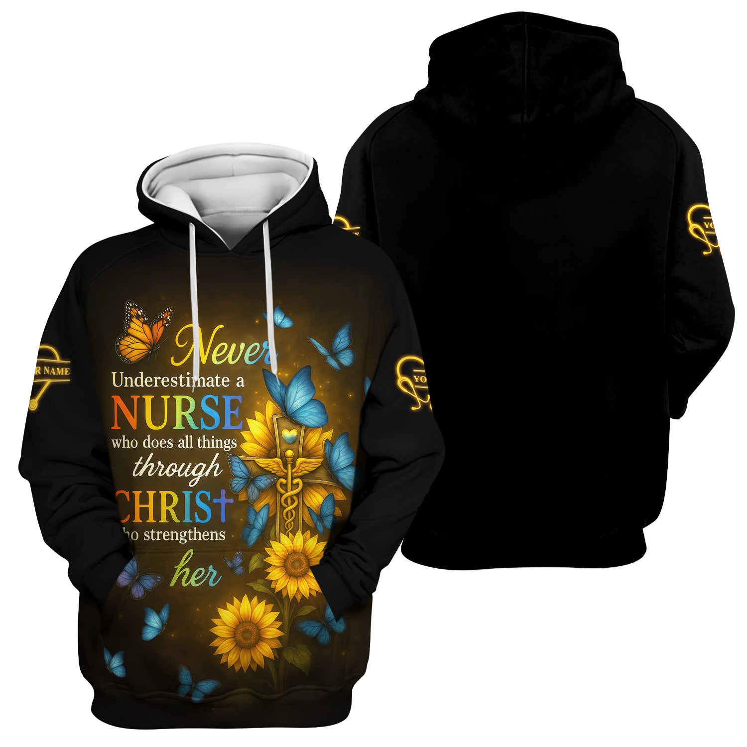 Custom Faith Nurse Sunflower Shirt - All Things Through Christ & Butterfly Cross Graphic - Gift for Women RN LPN & Medical Students