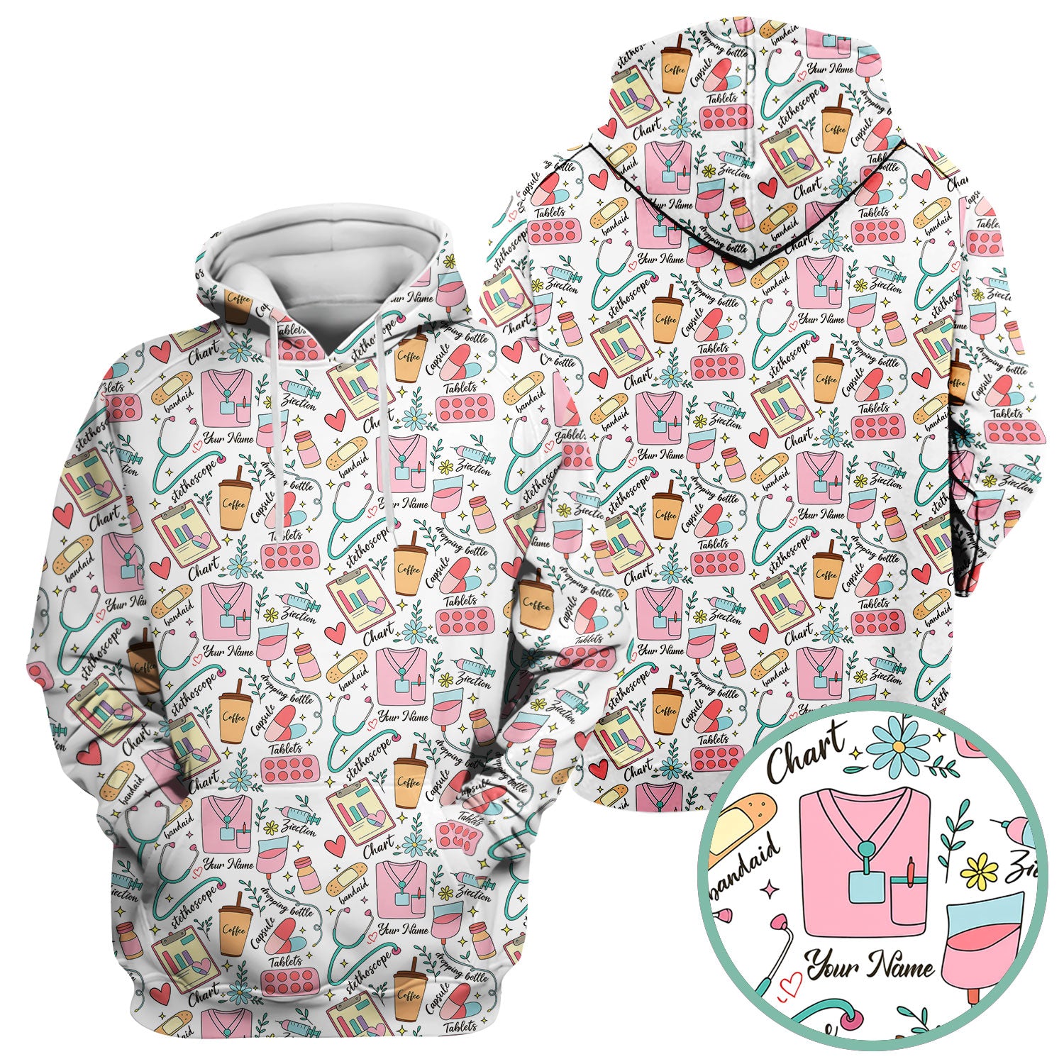 Cute Nurse Scrub - Colorful Medical Uniform Shirt with Coffee, Stethoscope & Pills - Fun RN LPN CNA Nursing Gift for Women