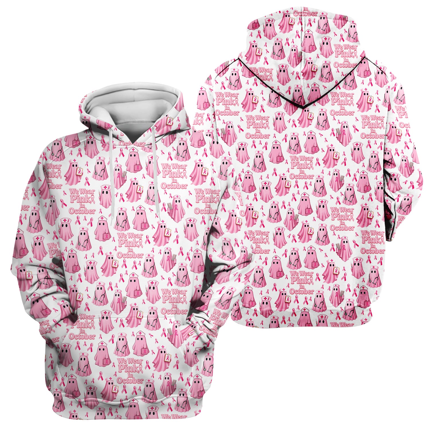 Funny Breast Cancer Awareness Scrub Top - We Wear Pink In October & Ghost Nurse Design - Gift for RN LPN CNA