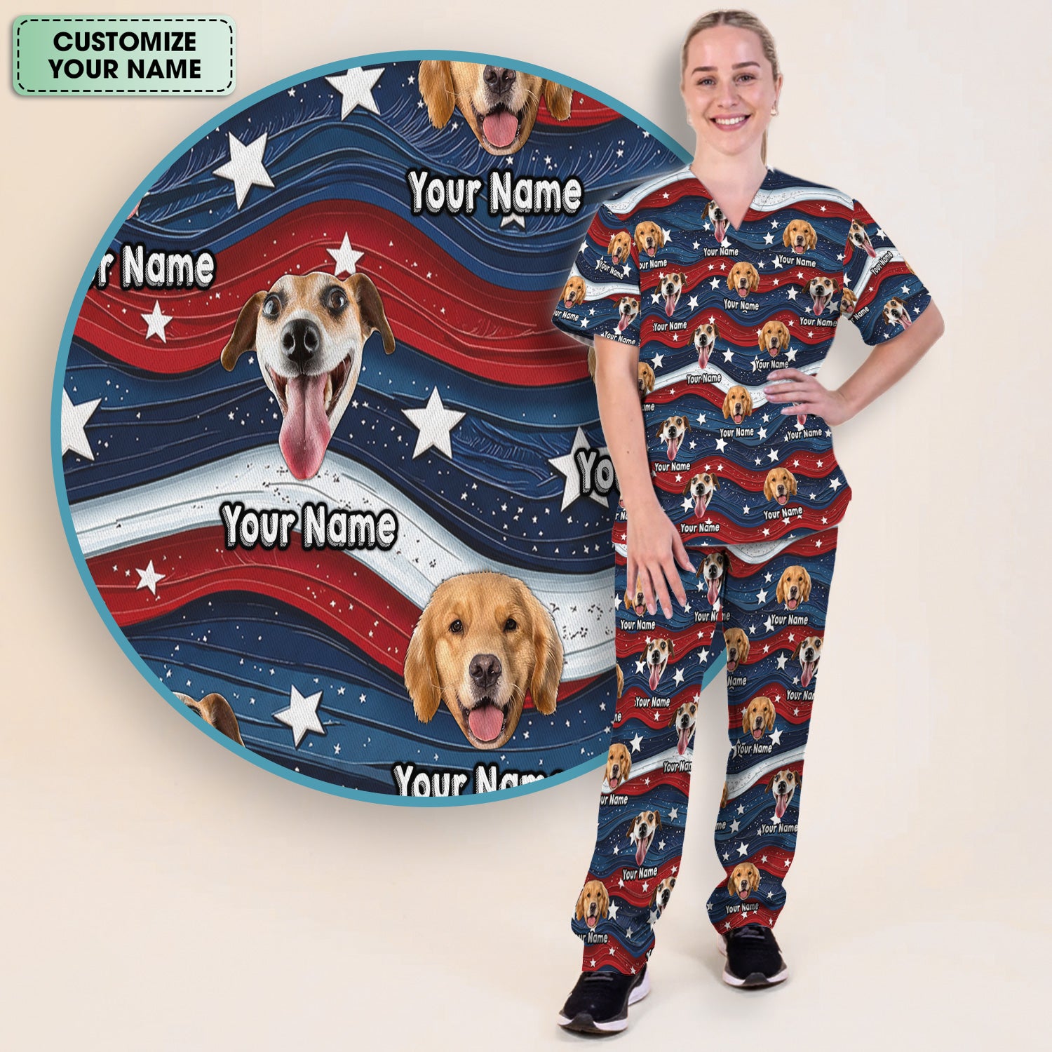 Personalized Patriotic Dog Photo Pattern Scrub Set, Scrub Pants and V Neck Top
