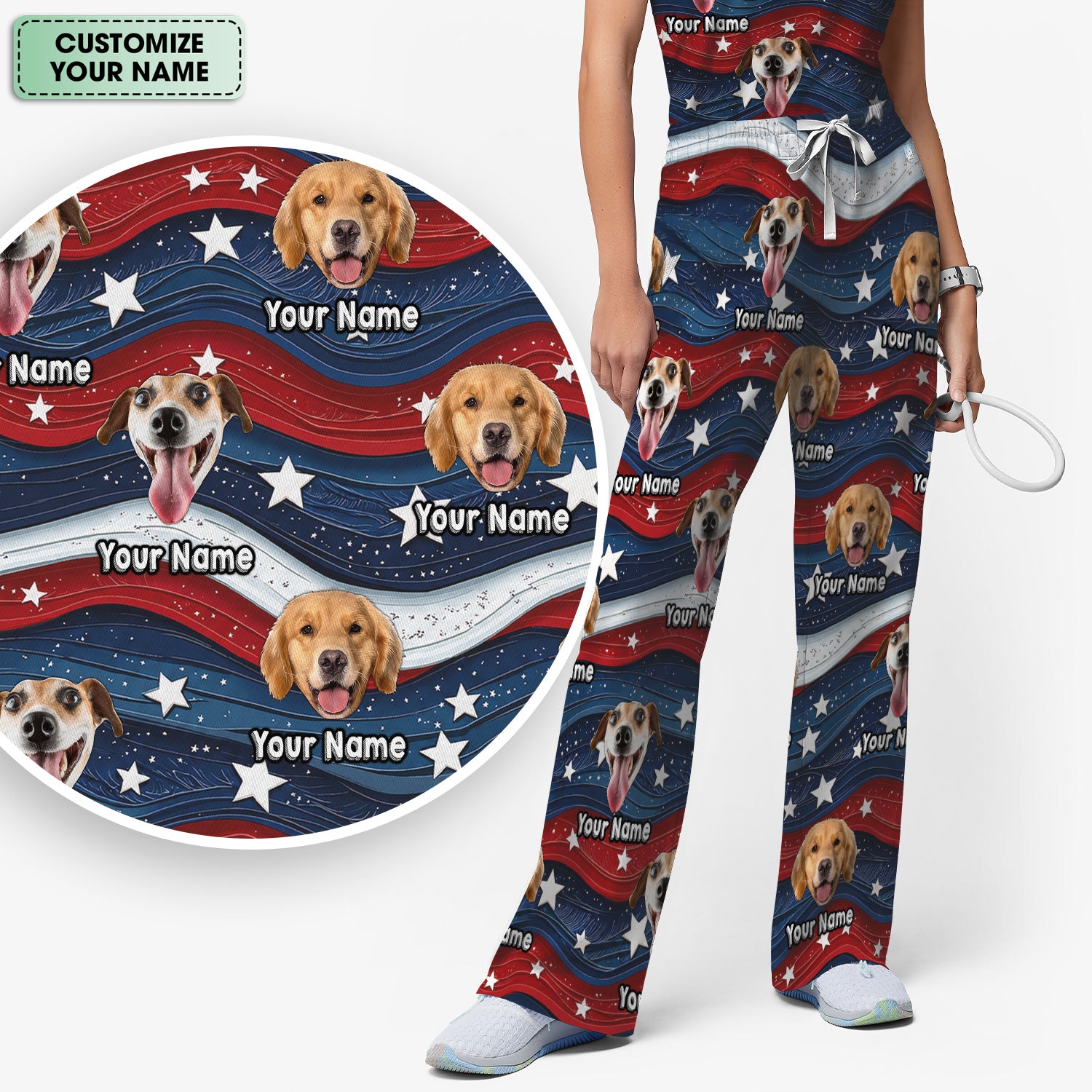 Personalized Patriotic Dog Photo Pattern Scrub Set, Scrub Pants and V Neck Top