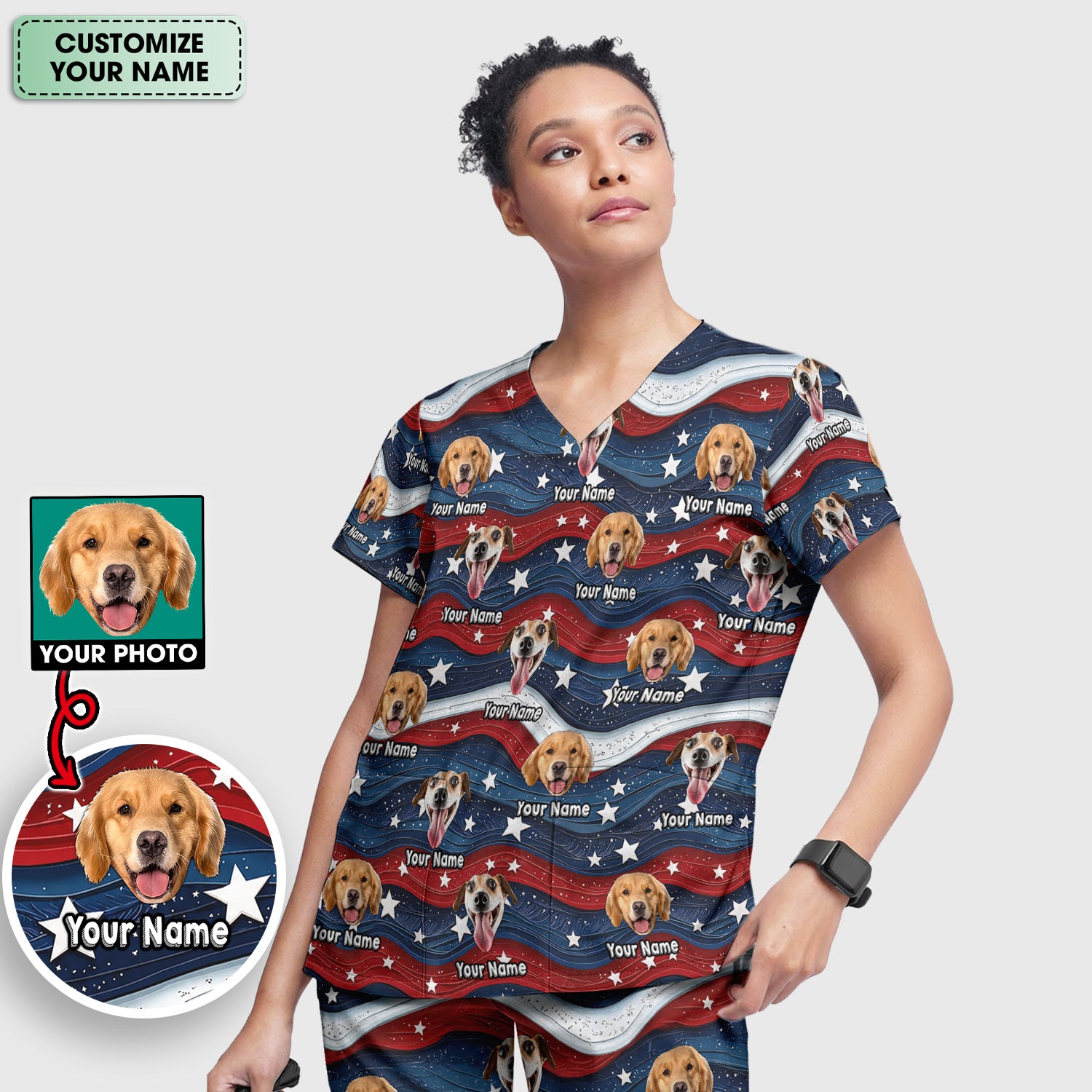 Personalized Patriotic Dog Photo Pattern Scrub Set, Scrub Pants and V Neck Top