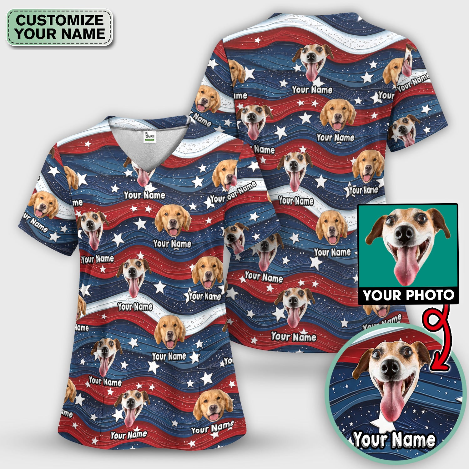 Personalized Patriotic Dog Photo Pattern Scrub Set, Scrub Pants and V Neck Top