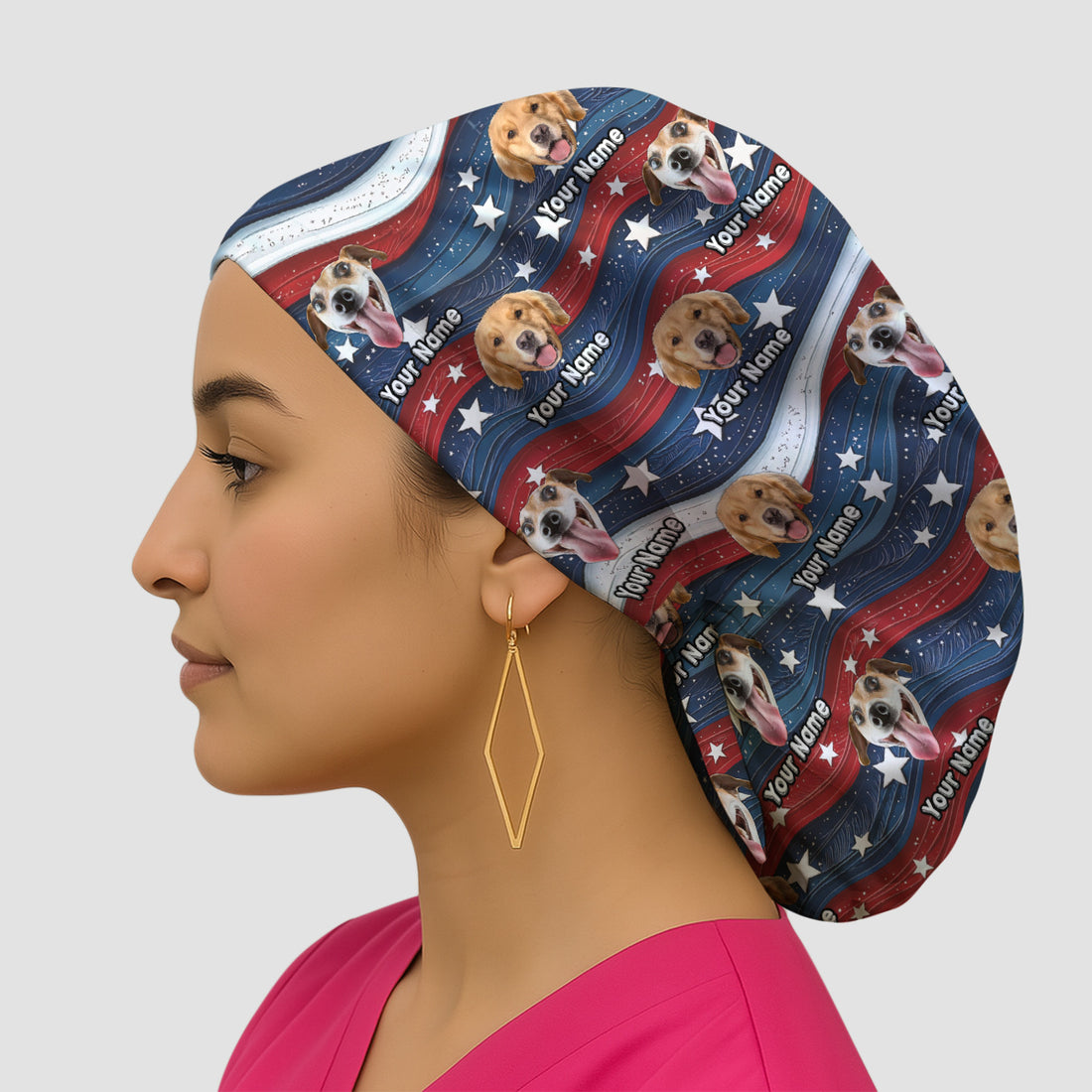 Personalized Patriotic Dog Photo Pattern Scrub Cap, Surgical Caps for Doctors