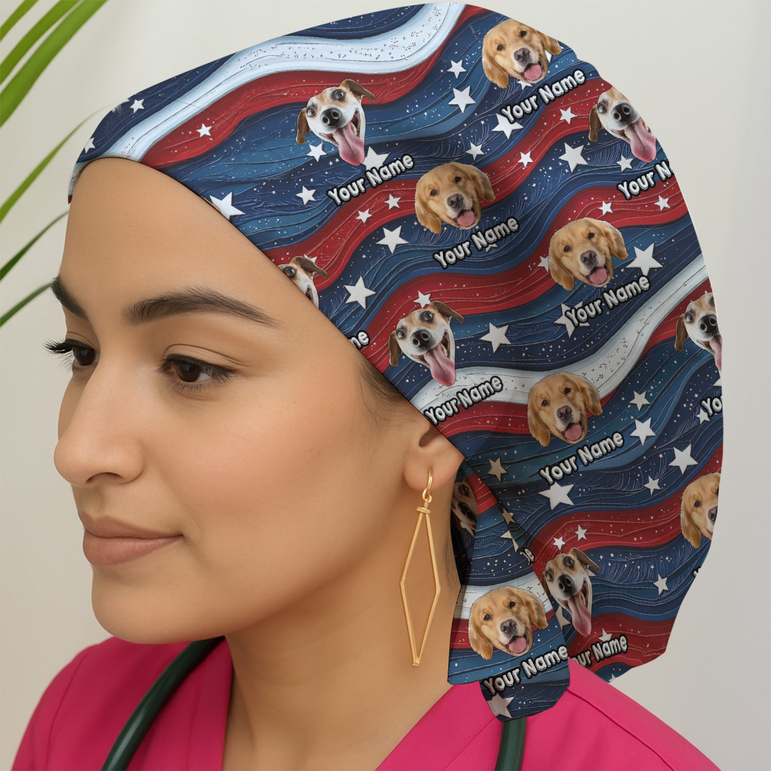 Personalized Patriotic Dog Photo Pattern Scrub Cap, Surgical Caps for Doctors
