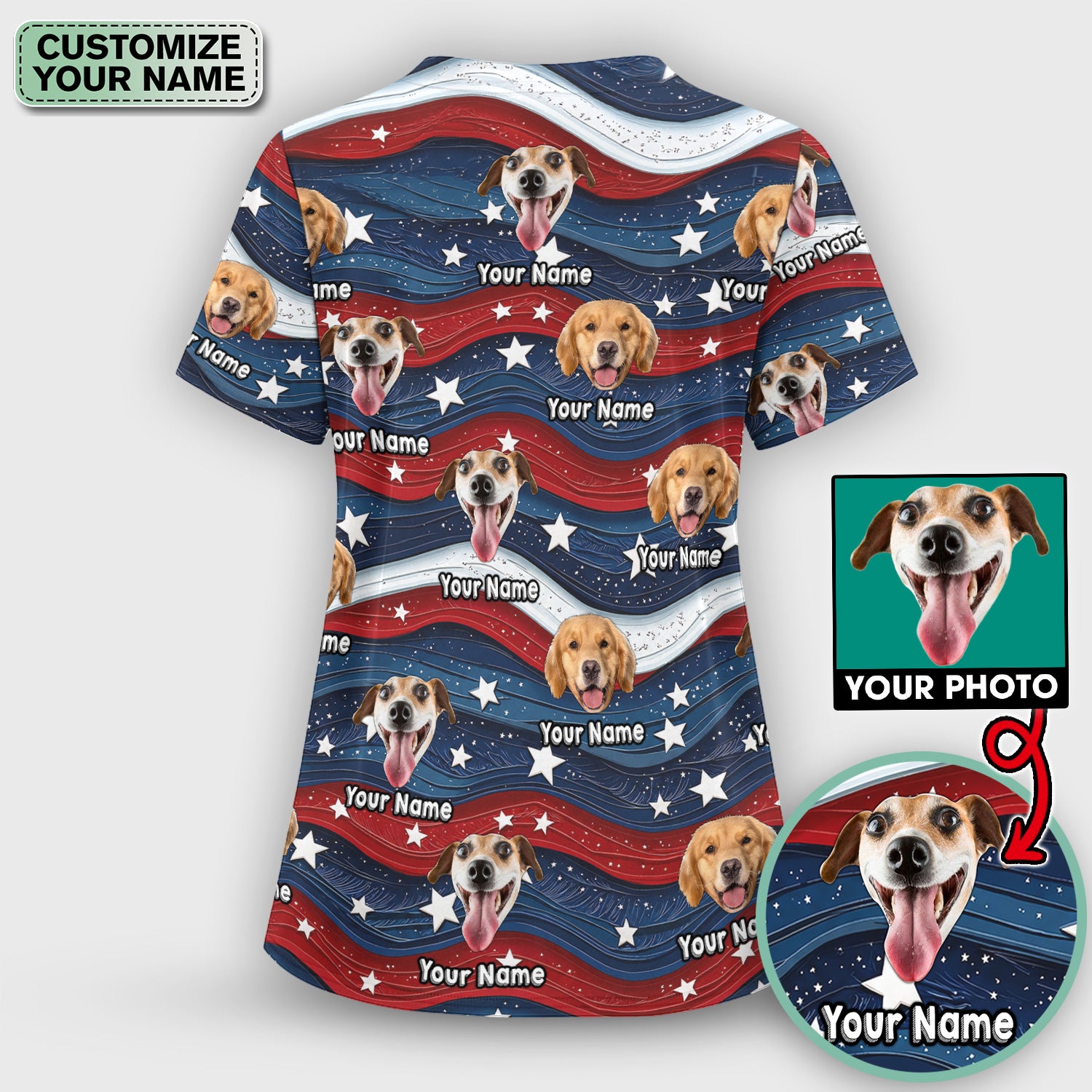 Personalized Patriotic Dog Photo Pattern Scrub Set, Scrub Pants and V Neck Top
