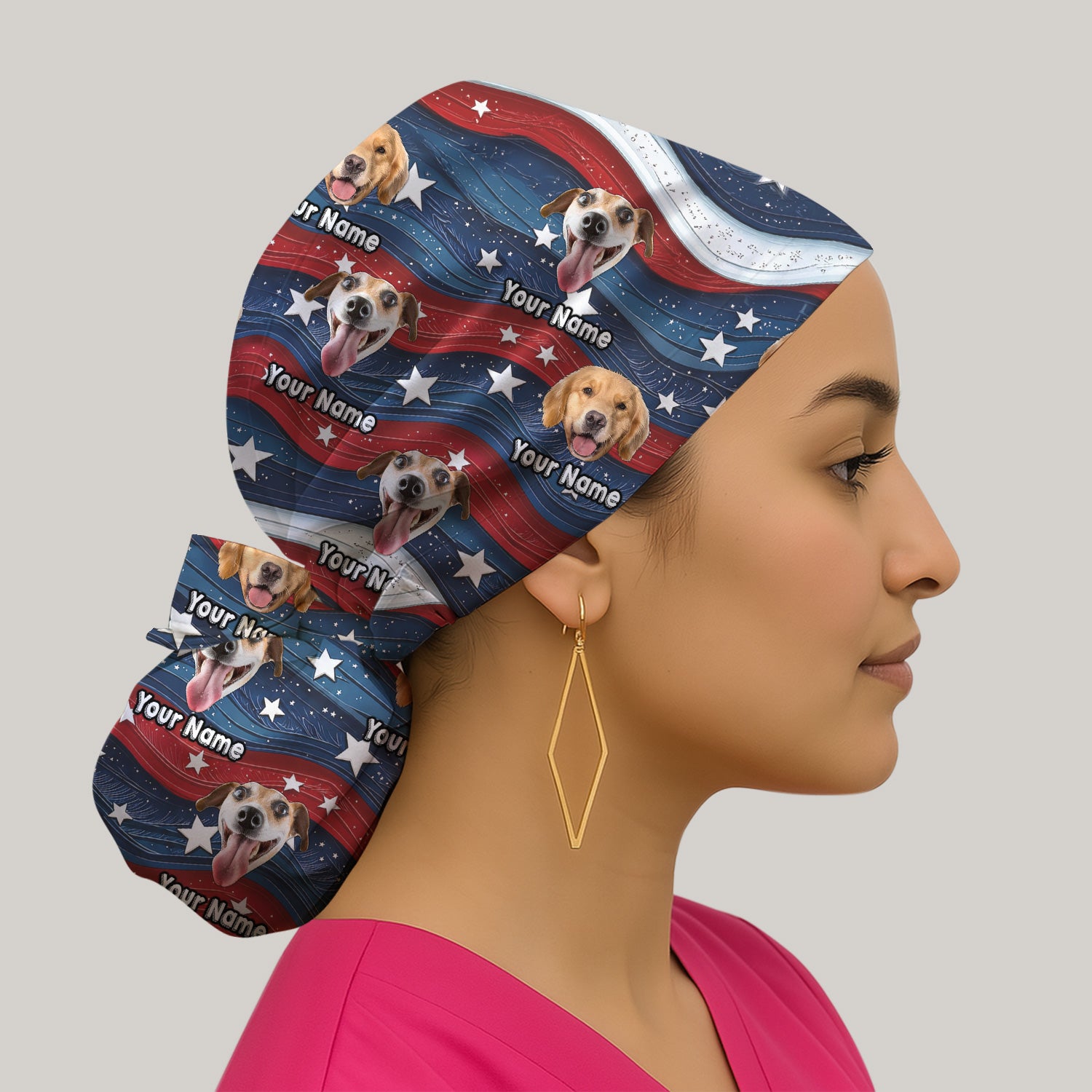 Personalized Patriotic Dog Photo Pattern Scrub Cap, Surgical Caps for Doctors