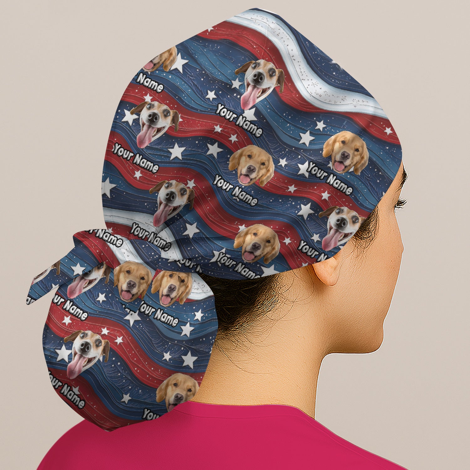 Personalized Patriotic Dog Photo Pattern Scrub Cap, Surgical Caps for Doctors