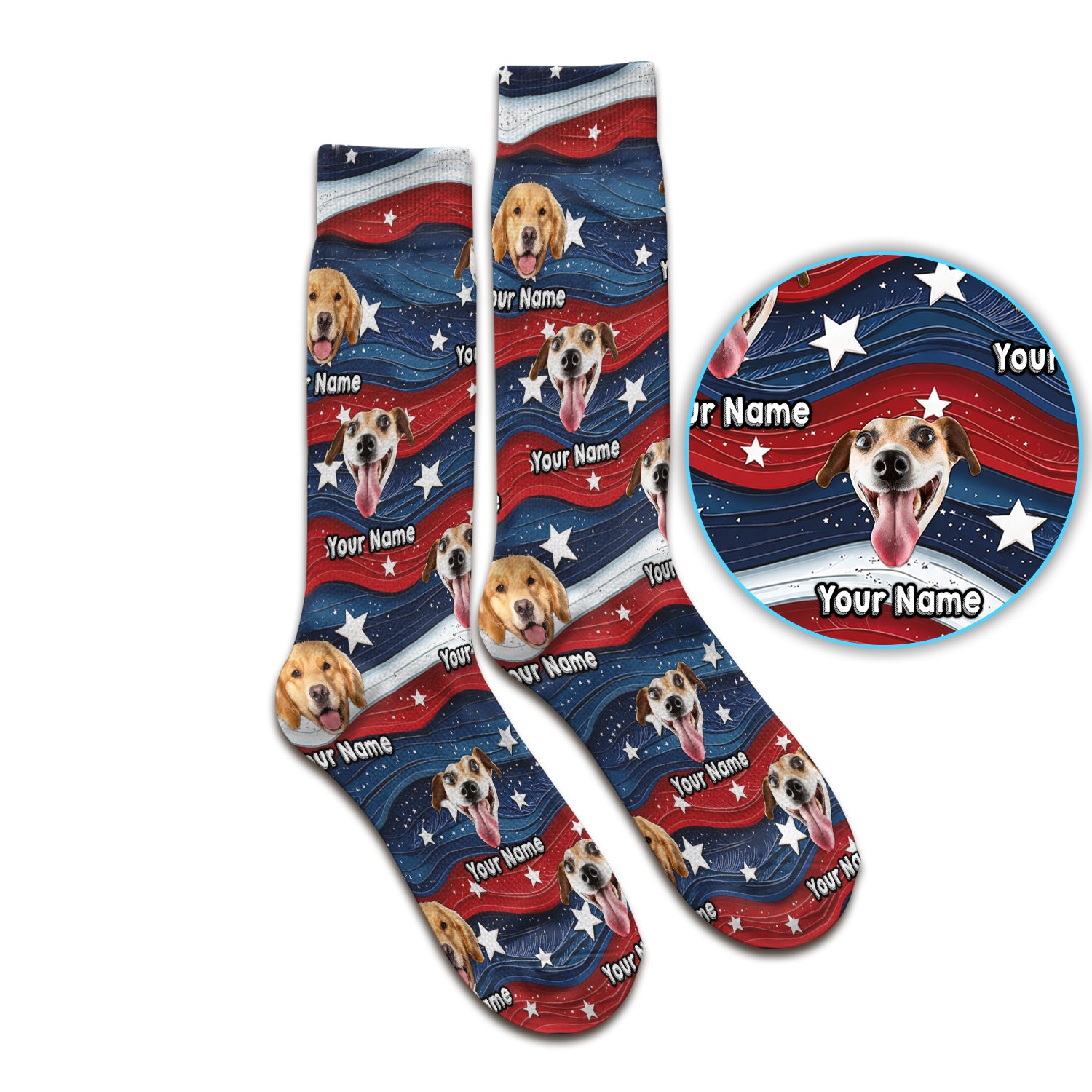Personalized Patriotic Dog Photo Pattern Socks, Adult Socks for Men and Women