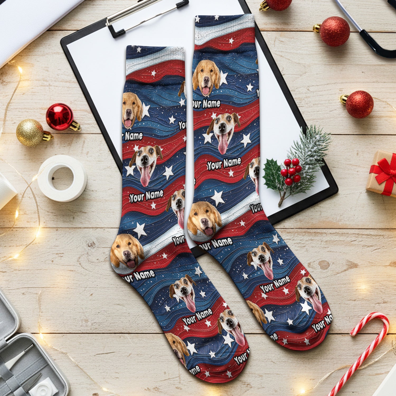 Personalized Patriotic Dog Photo Pattern Socks, Adult Socks for Men and Women
