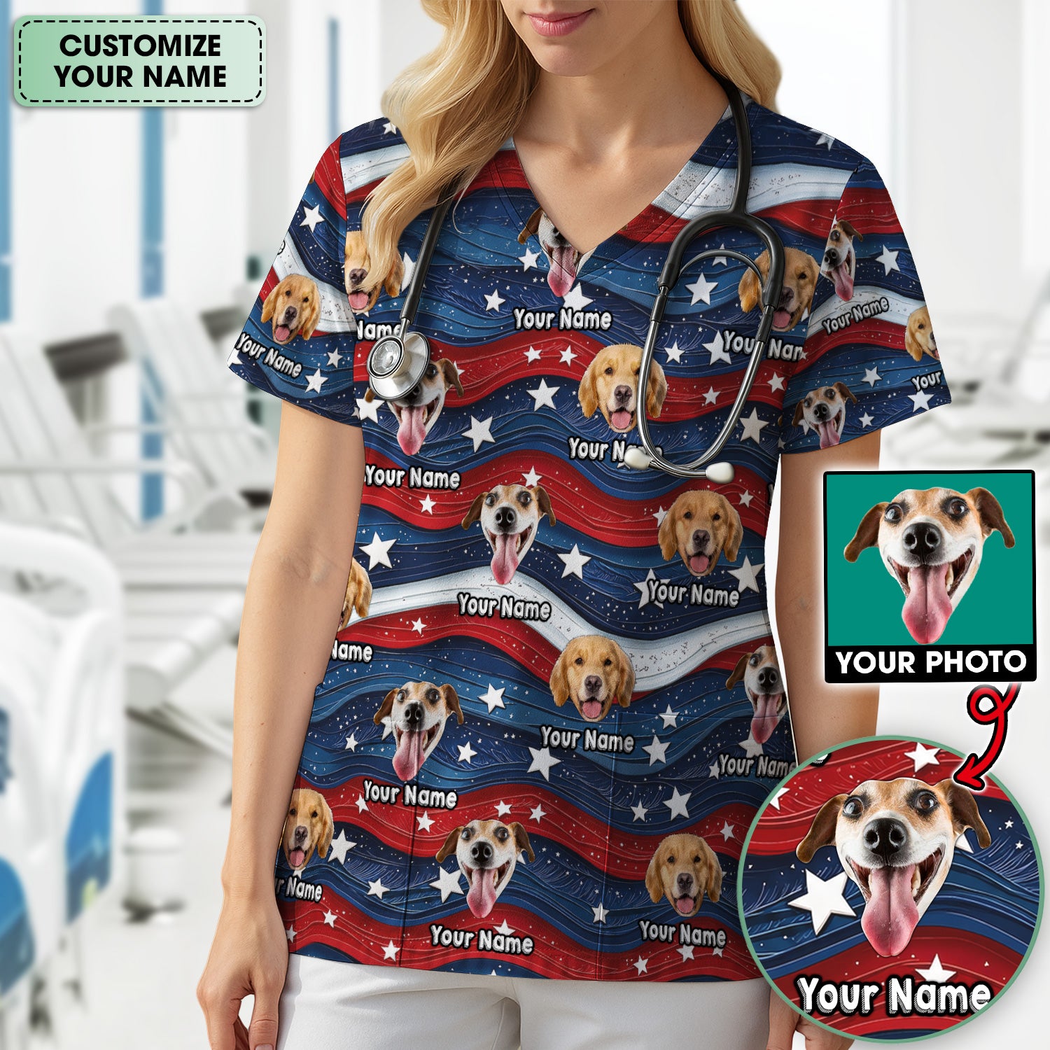 Personalized Patriotic Dog Photo Pattern Scrub Top, Comfortable Scrubs for Nurses