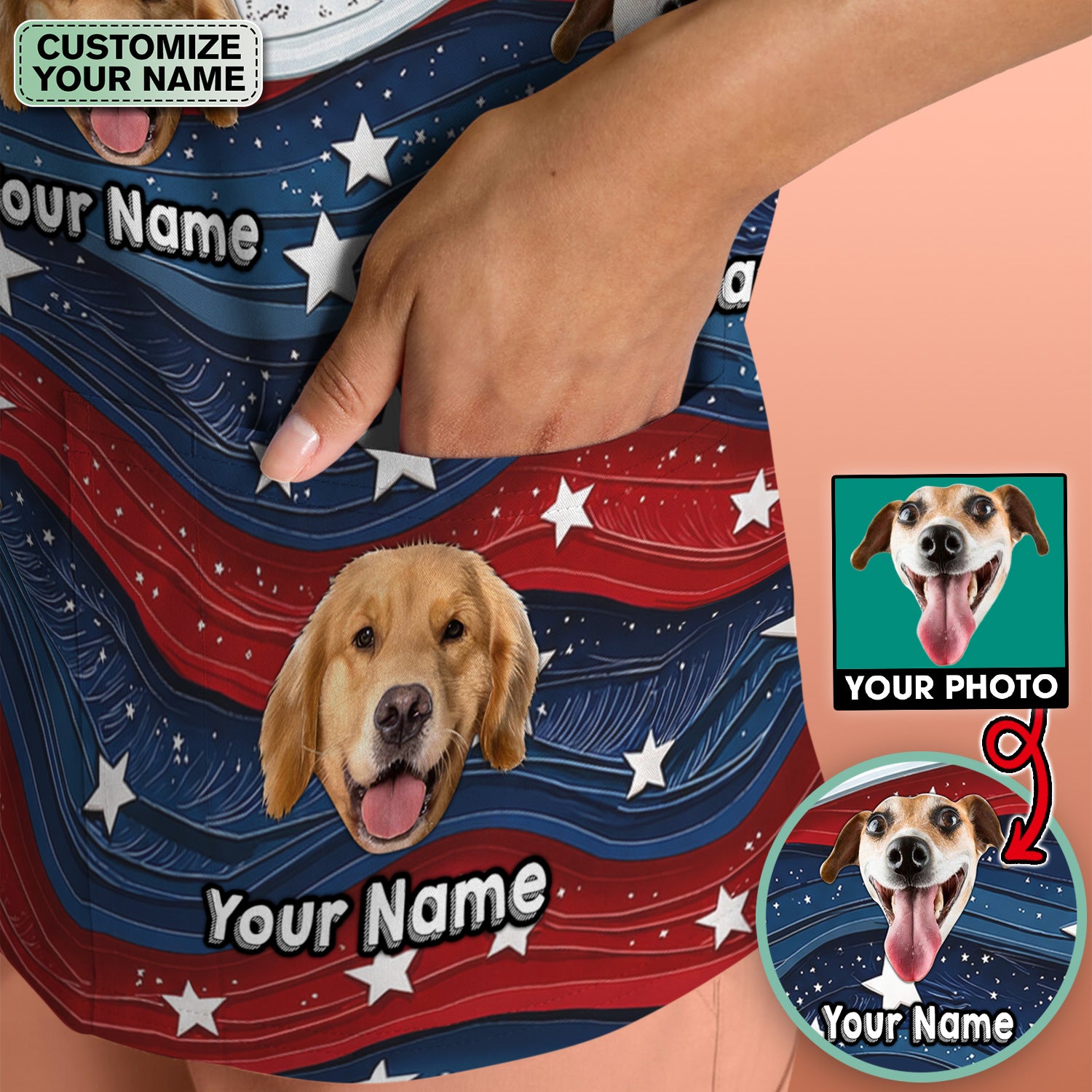 Personalized Patriotic Dog Photo Pattern Scrub Top, Comfortable Scrubs for Nurses