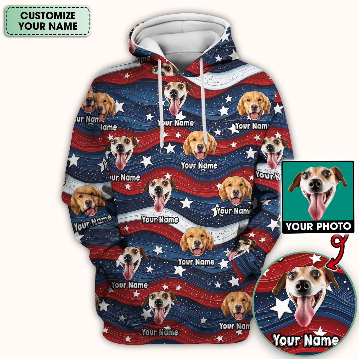 Personalized Patriotic Dog Photo Pattern Scrub Top, Comfortable Scrubs for Nurses