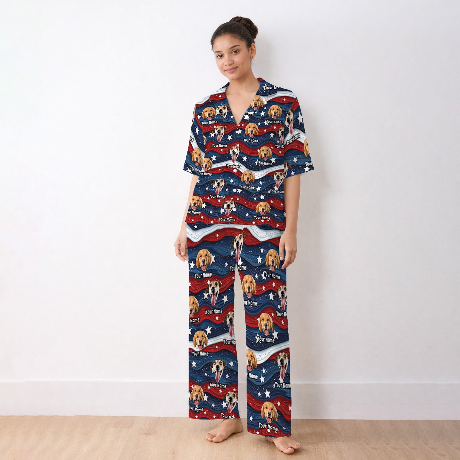 Personalized Patriotic Dog Photo Pattern Pajama Set, Soft Breathable Fabric Comfortable Sleepwear