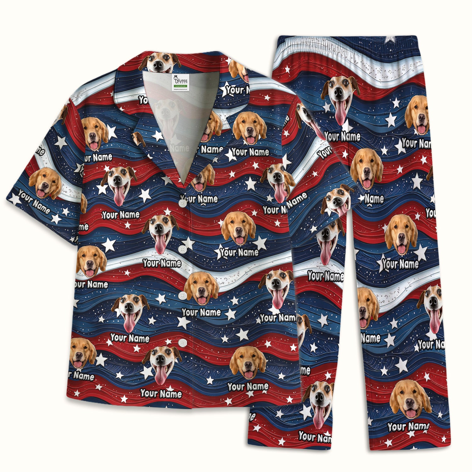 Personalized Patriotic Dog Photo Pattern Pajama Set, Soft Breathable Fabric Comfortable Sleepwear
