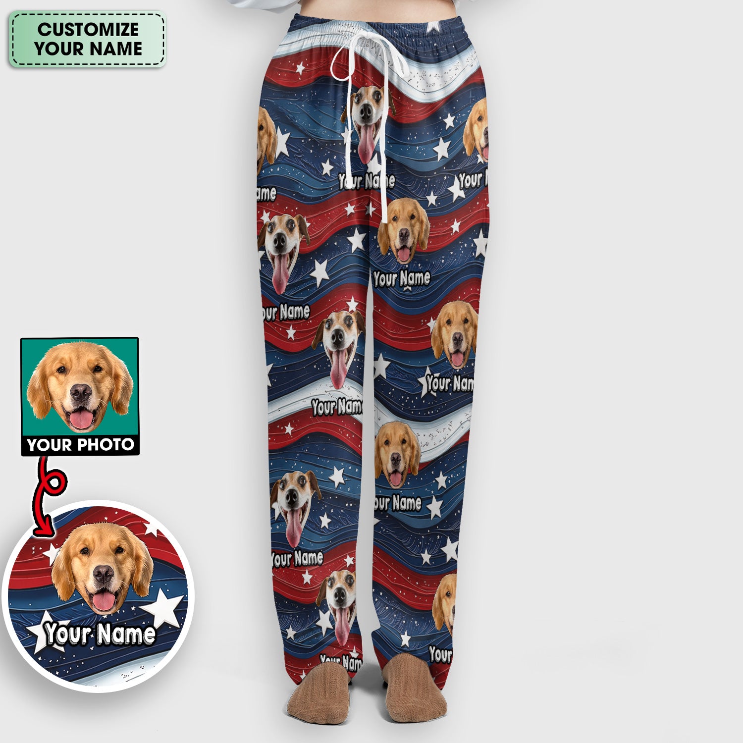 Personalized Patriotic Dog Photo Pattern Scrub Set, Scrub Pants and V Neck Top