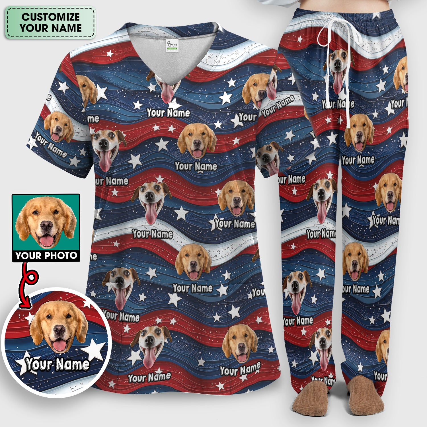 Personalized Patriotic Dog Photo Pattern Scrub Set, Scrub Pants and V Neck Top