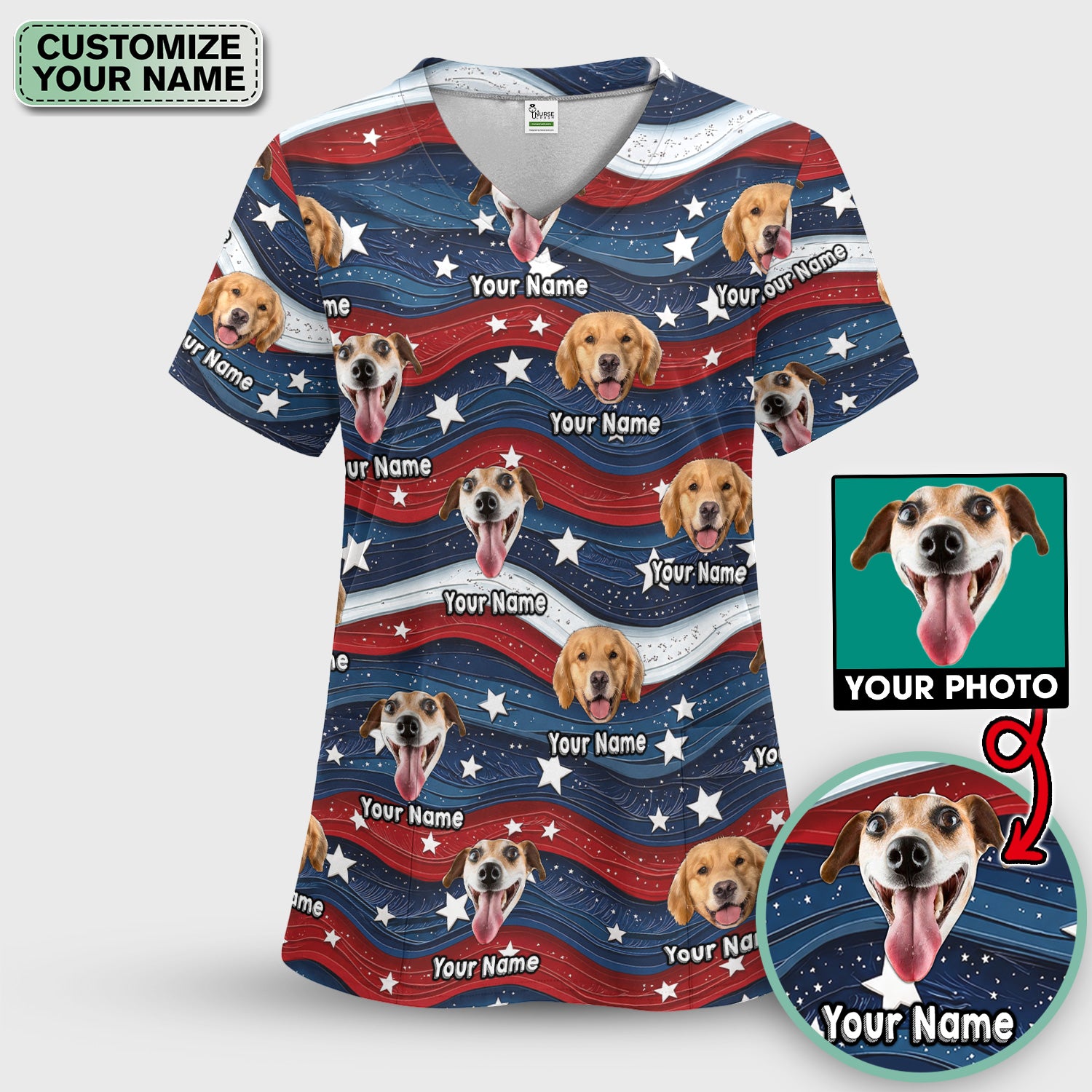 Personalized Patriotic Dog Photo Pattern Scrub Set, Scrub Pants and V Neck Top