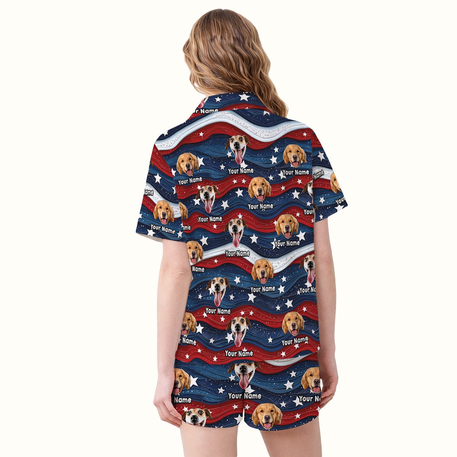 Personalized Patriotic Dog Photo Pattern Pajama Set, Soft Breathable Fabric Comfortable Sleepwear