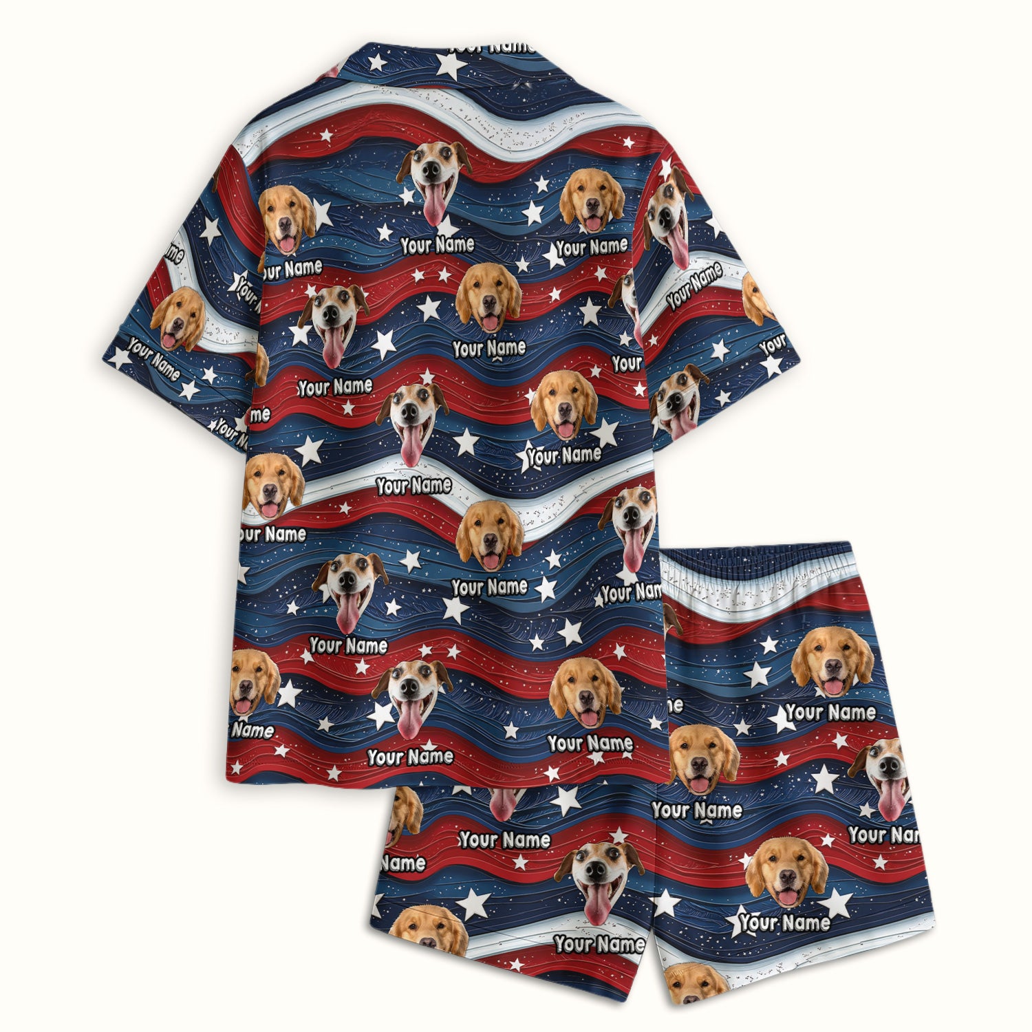 Personalized Patriotic Dog Photo Pattern Pajama Set, Soft Breathable Fabric Comfortable Sleepwear