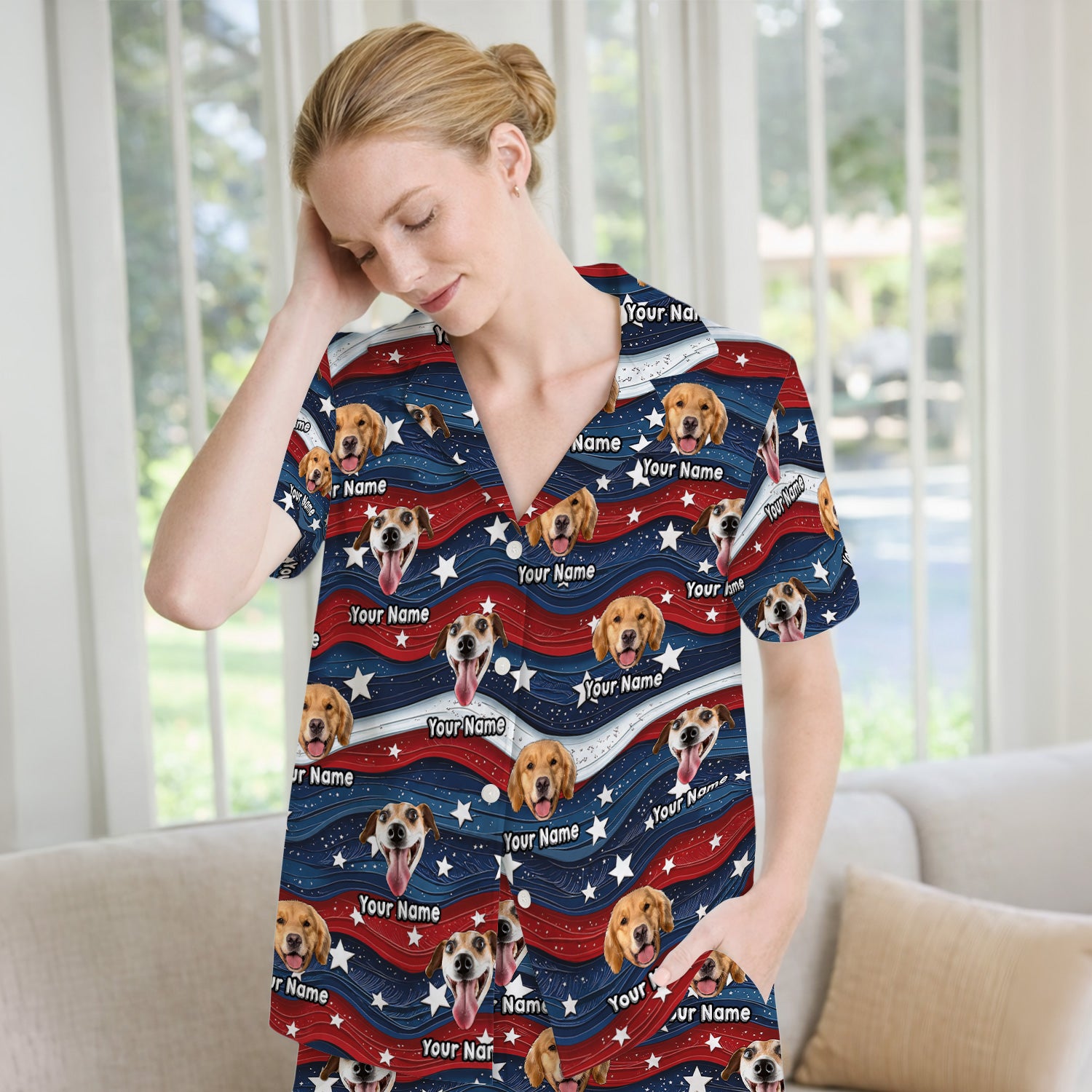 Personalized Patriotic Dog Photo Pattern Pajama Set, Soft Breathable Fabric Comfortable Sleepwear