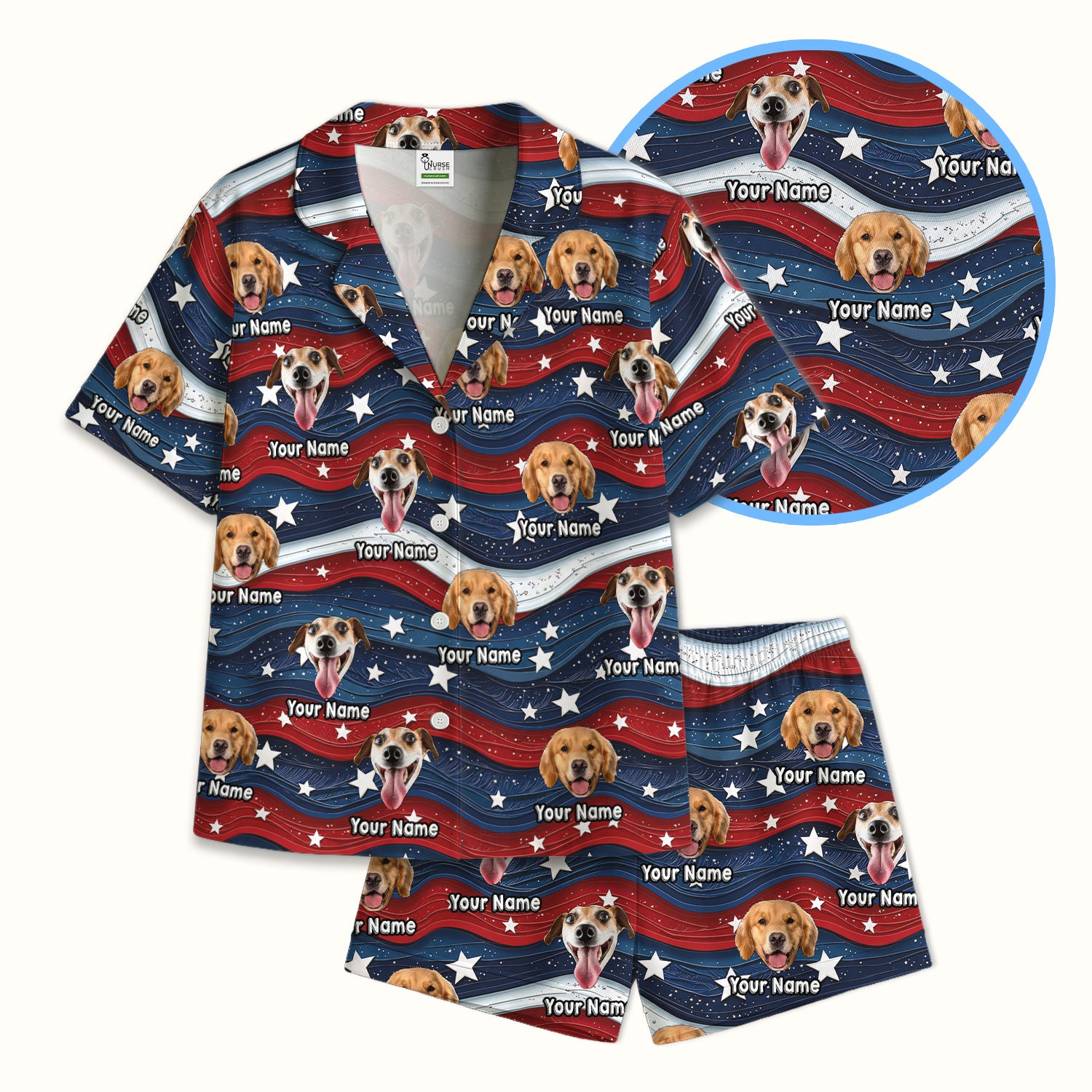 Personalized Patriotic Dog Photo Pattern Pajama Set, Soft Breathable Fabric Comfortable Sleepwear