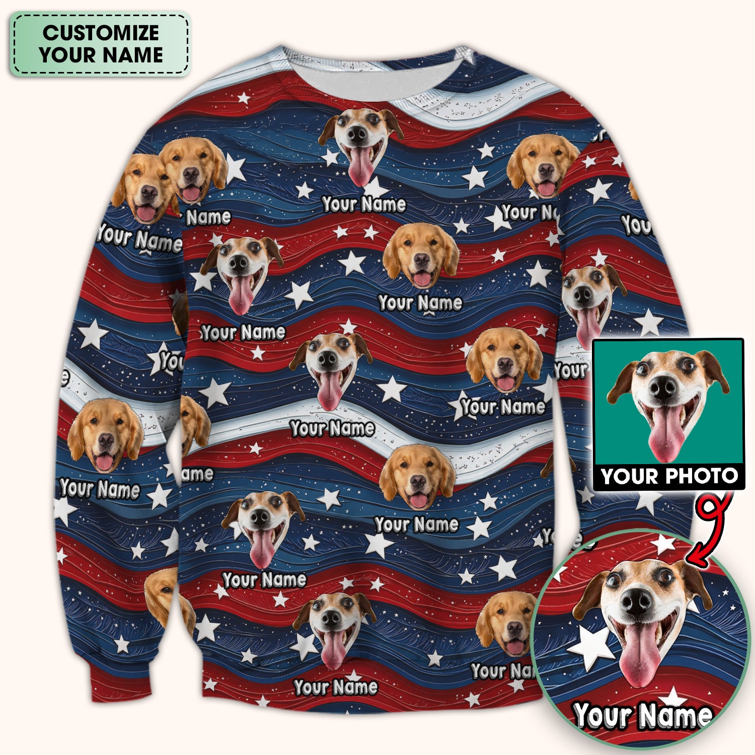 Personalized Patriotic Dog Photo Pattern Scrub Top, Comfortable Scrubs for Nurses