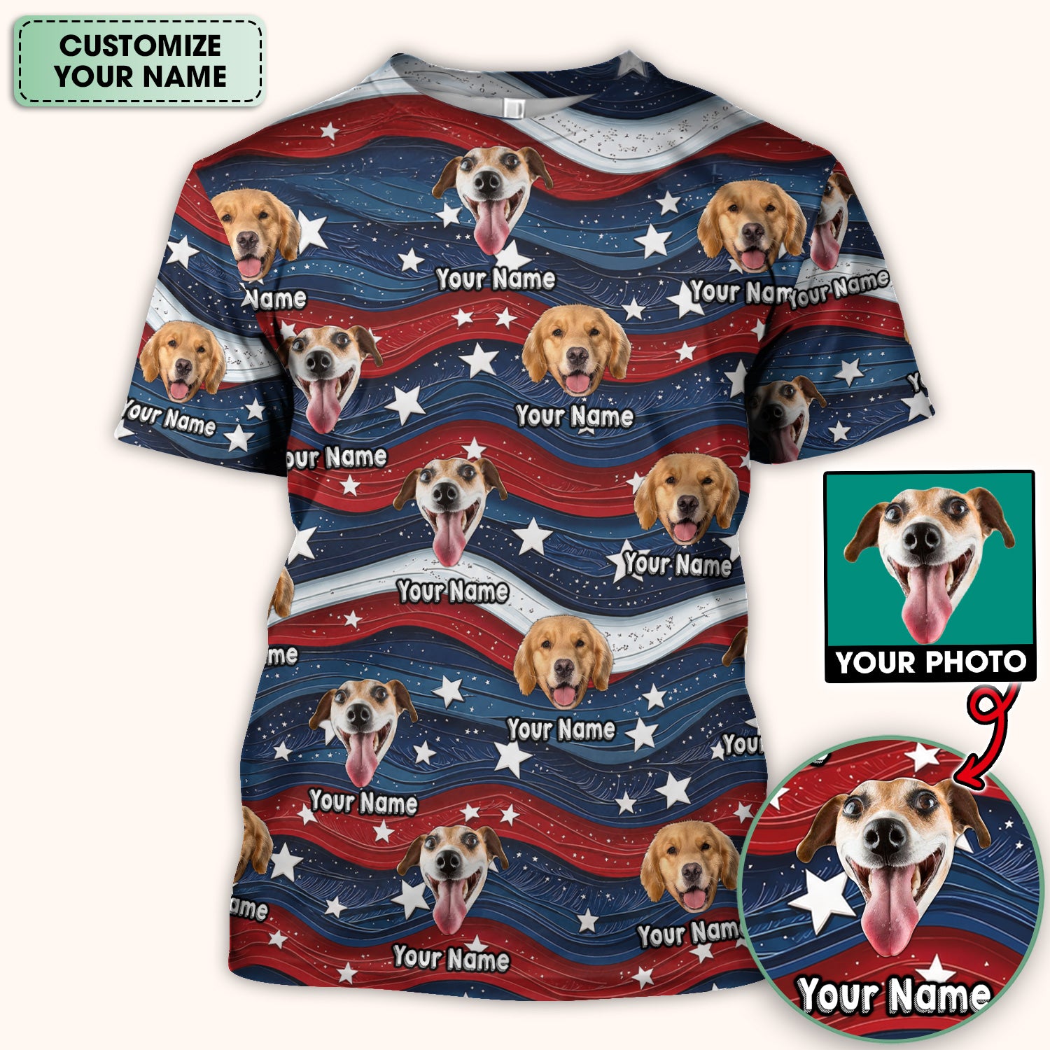 Personalized Patriotic Dog Photo Pattern Scrub Top, Comfortable Scrubs for Nurses