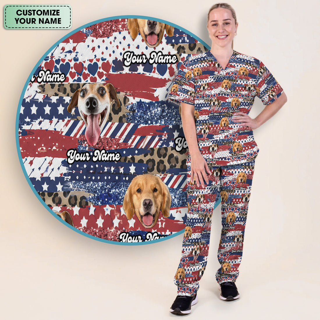 Custom Dog Photo Flag Pattern Scrub Set, Scrub Pants and V Neck Top