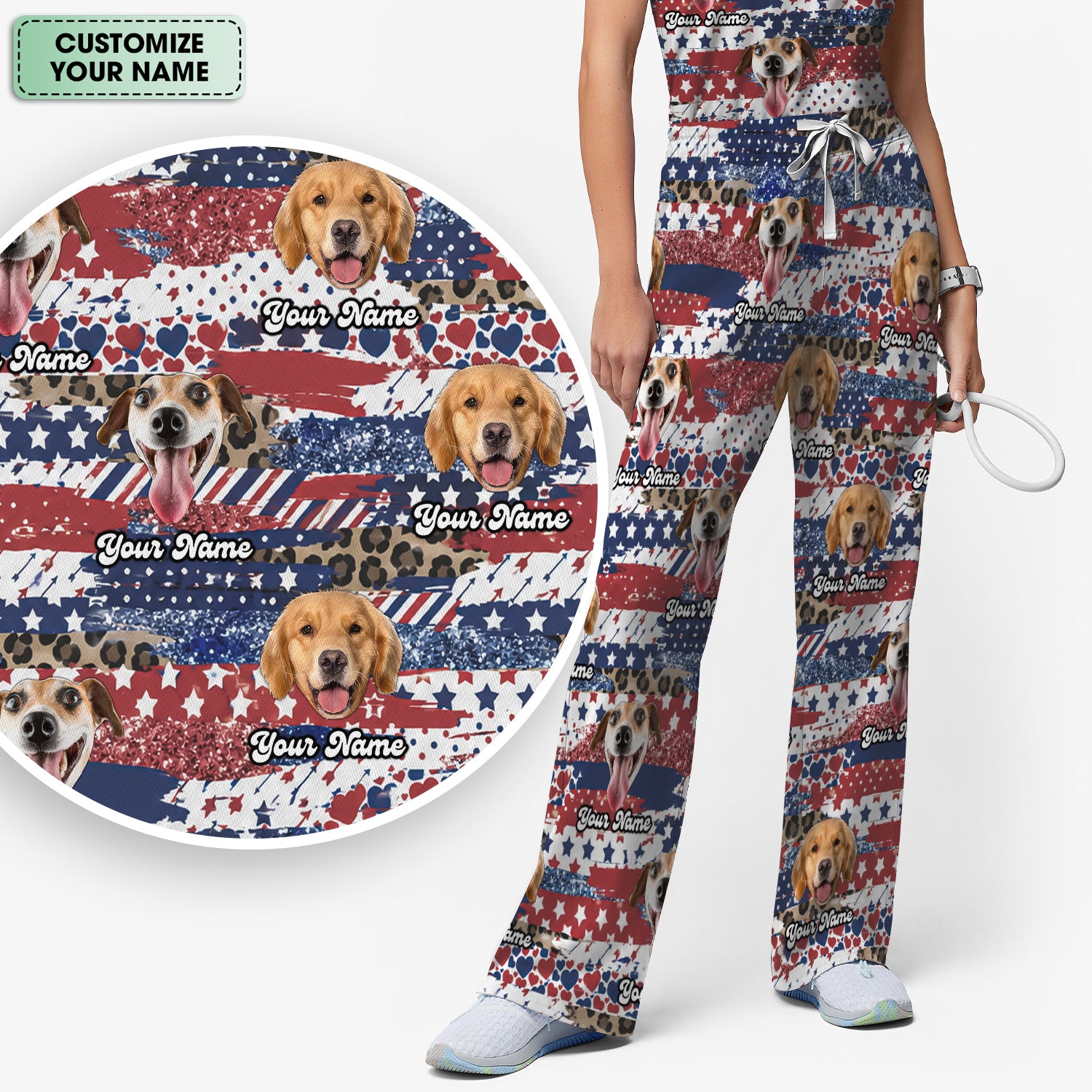 Custom Dog Photo Flag Pattern Scrub Set, Scrub Pants and V Neck Top
