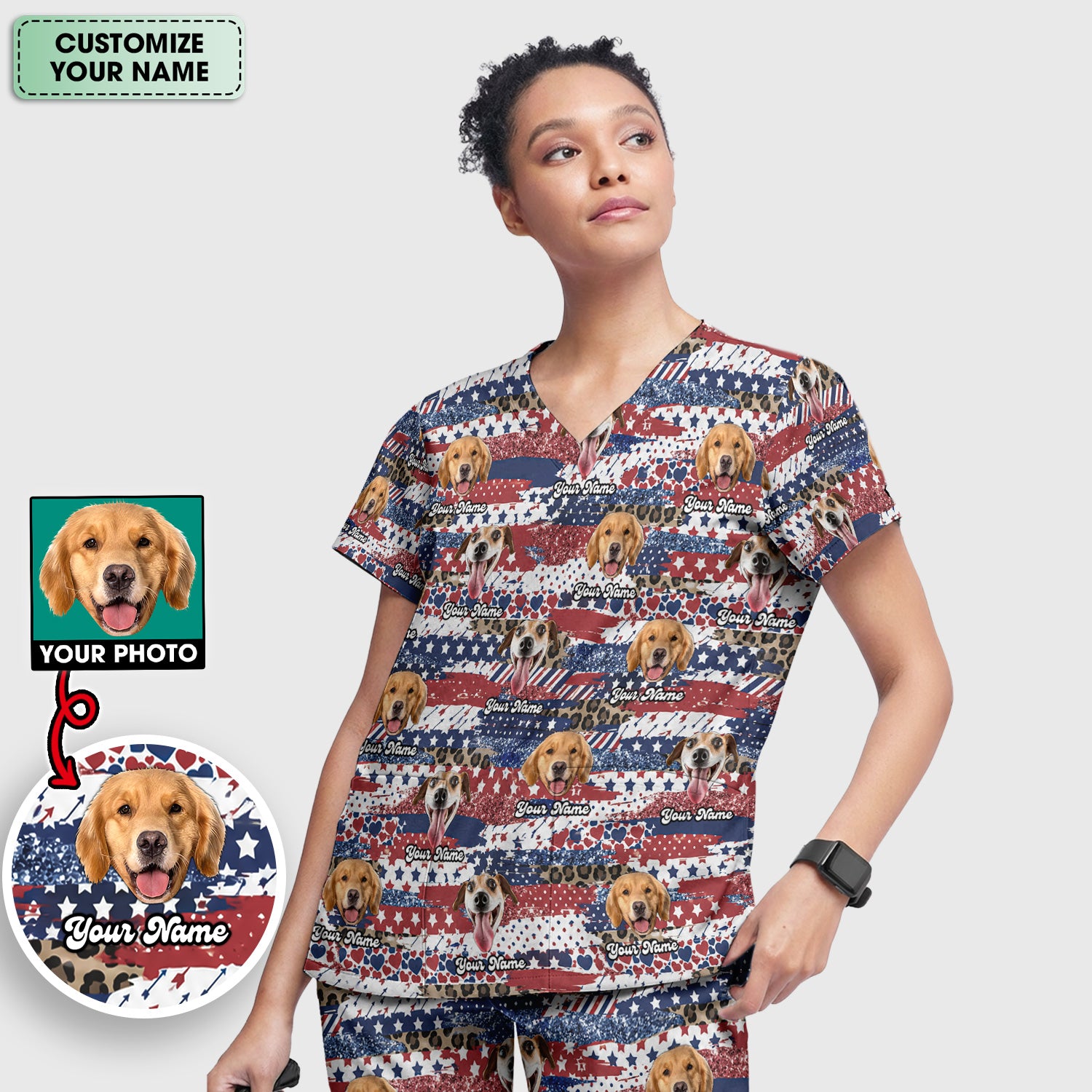 Custom Dog Photo Flag Pattern Scrub Set, Scrub Pants and V Neck Top