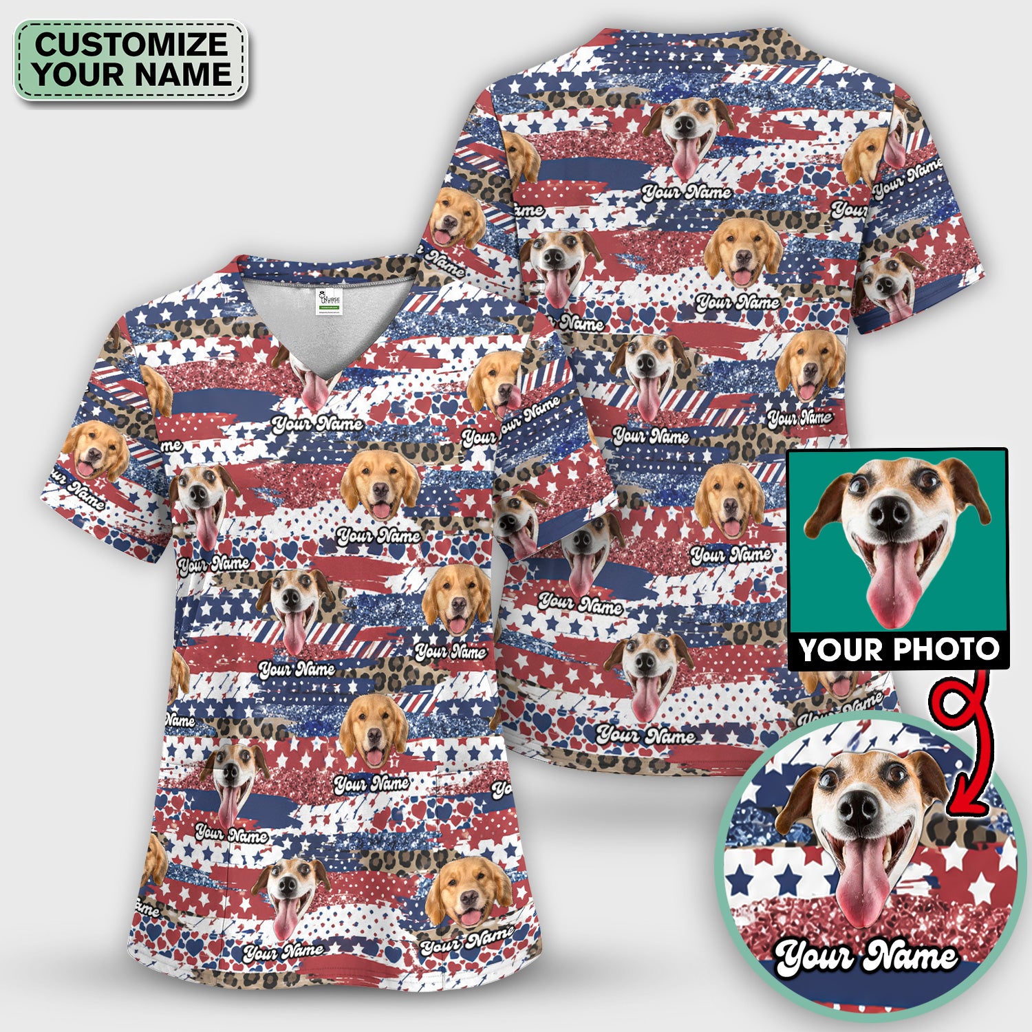 Custom Dog Photo Flag Pattern Scrub Top, Comfortable Scrubs for Nurses