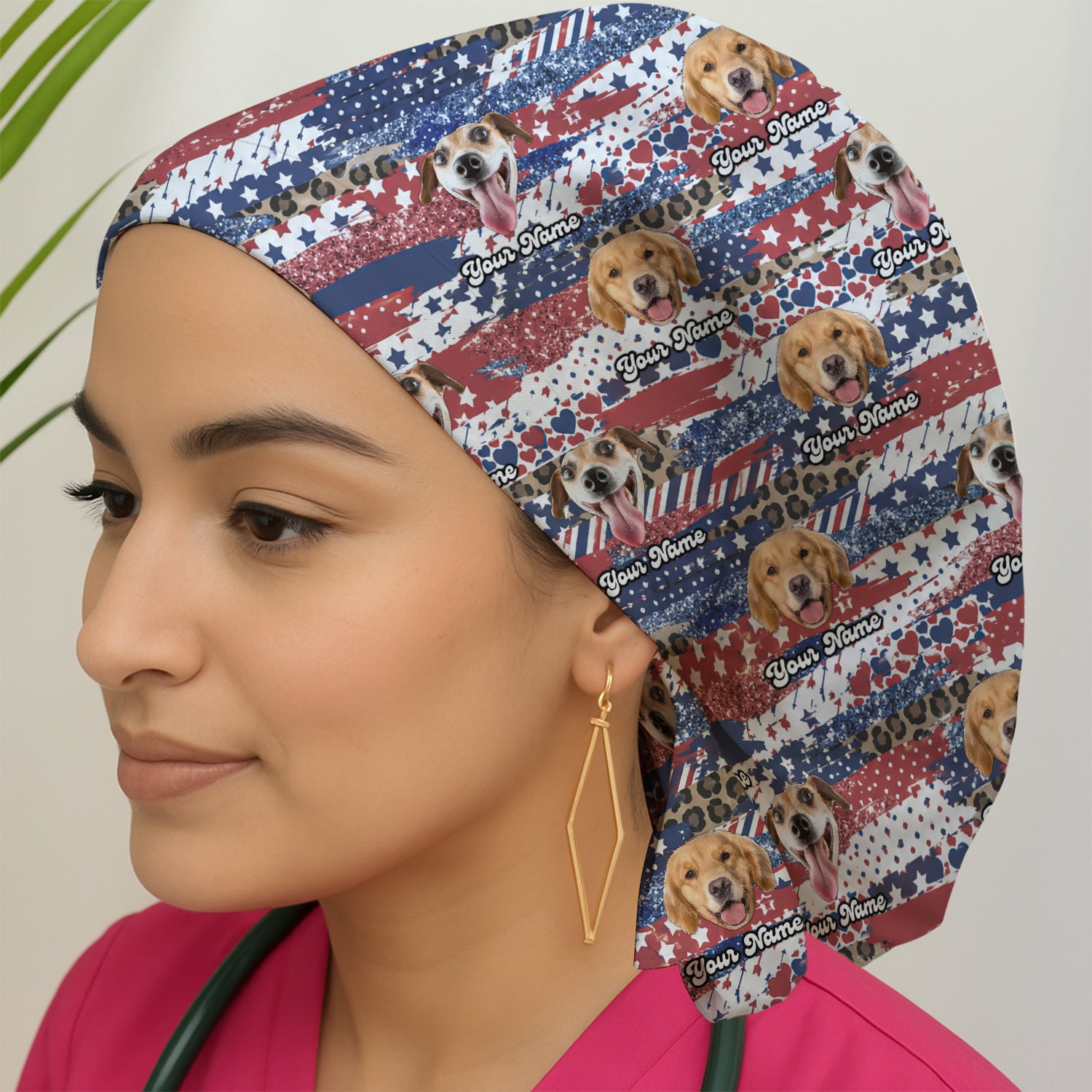 Custom Dog Photo Flag Pattern Scrub Cap, Surgical Caps for Doctors