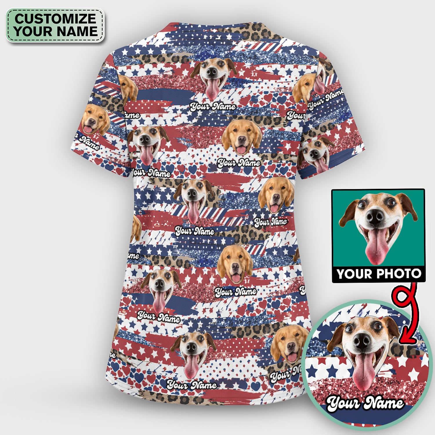 Custom Dog Photo Flag Pattern Scrub Top, Comfortable Scrubs for Nurses